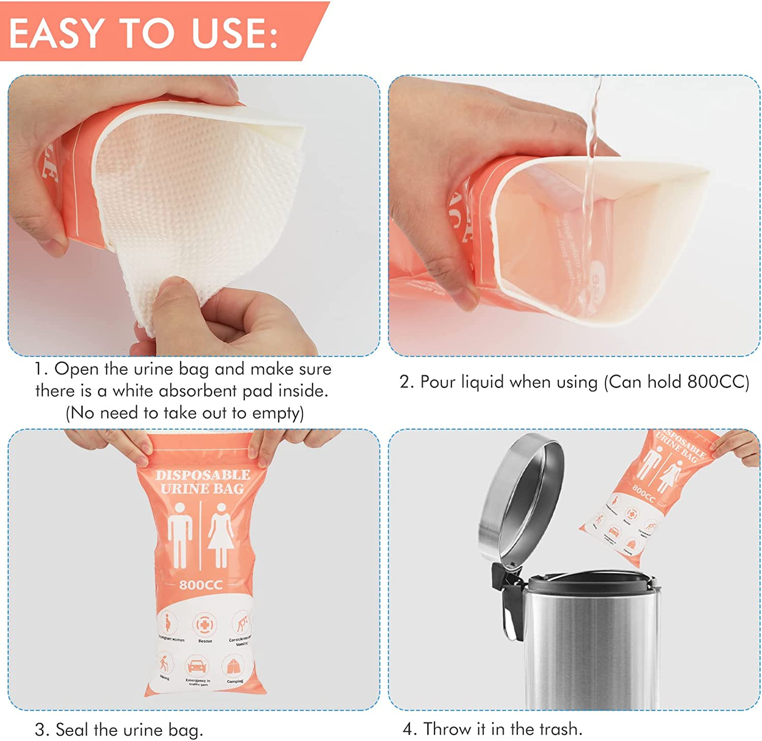 Disposable Urinal Bag, 12/24 Pcs 800ML Emergency Urine Bag, Unisex Urinal Bag, P