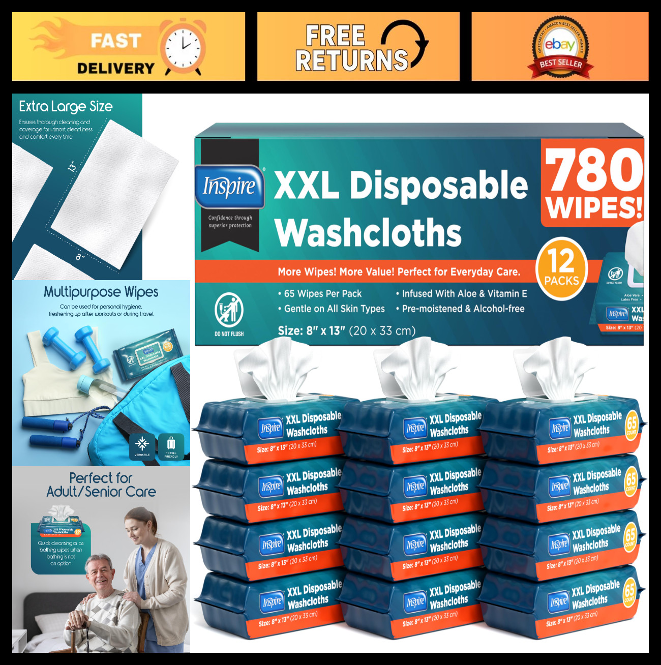 Adult Wet Wipes for Incontinence & Cleansing – 780 Count Wash Cloths 8″x13