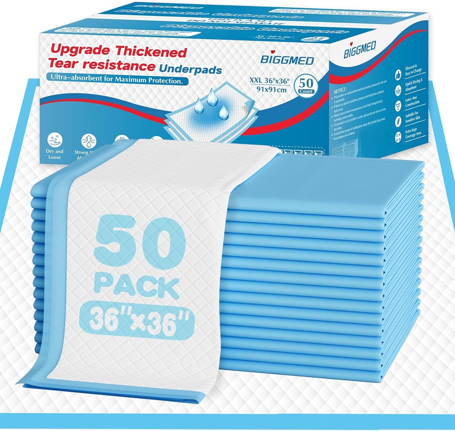 BIGGMED 36″x36″ 50-Ct Tear-Resistant Absorbent Underpads for Adults