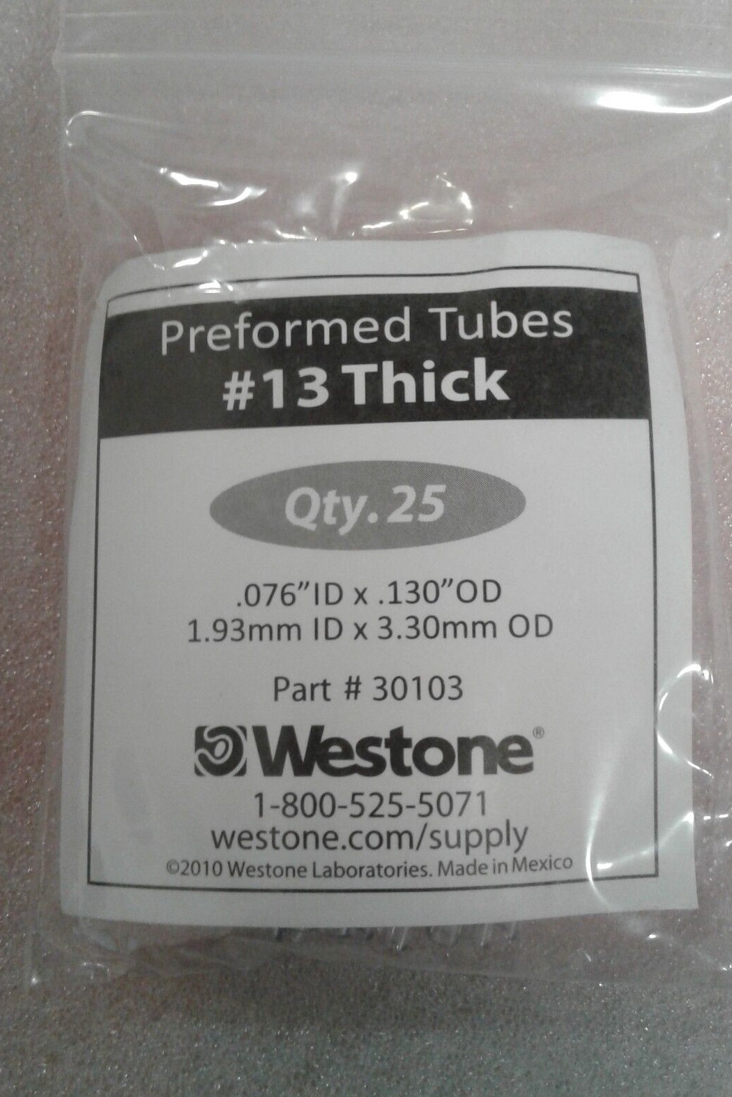 Lot of 3 Bags – Westone 30103 Preformed Tubes #13 Thick – 25 tubes per bag – New