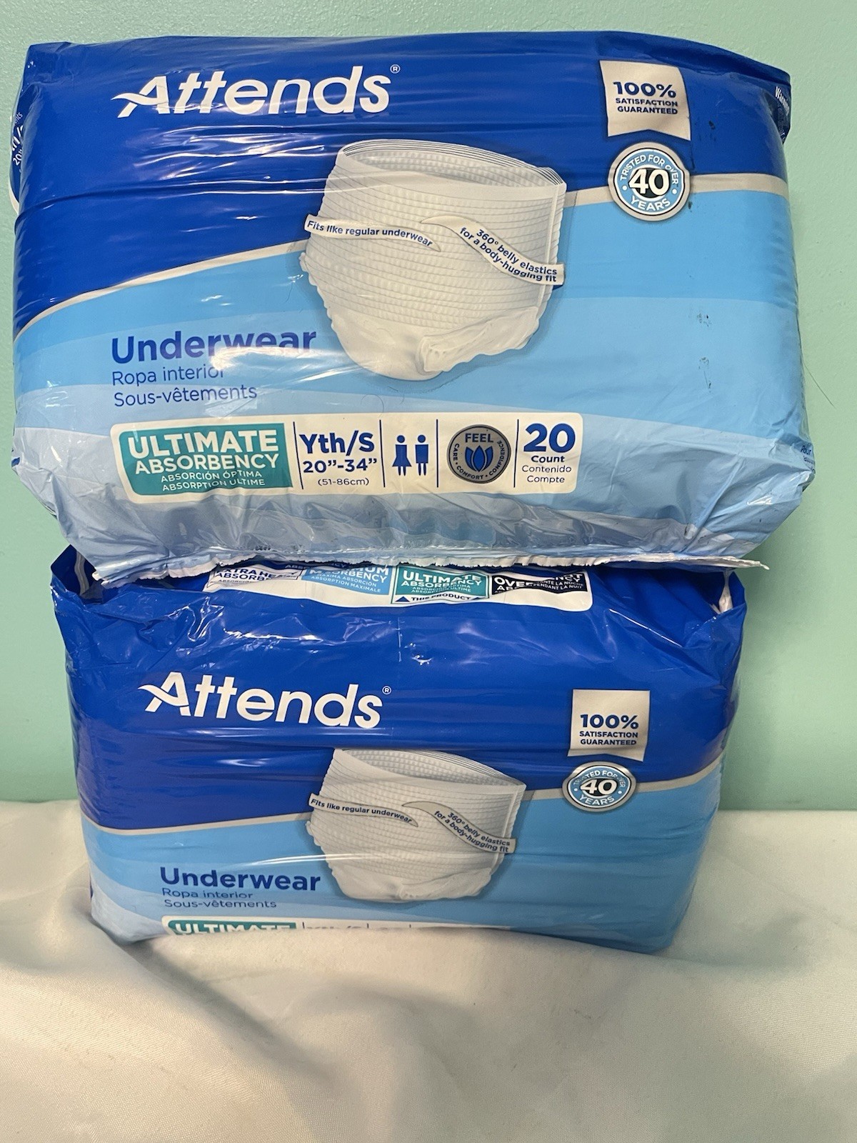 Lot of 2- 20-Count Attends Underwear Heavy Size Youth/Small 40 Total