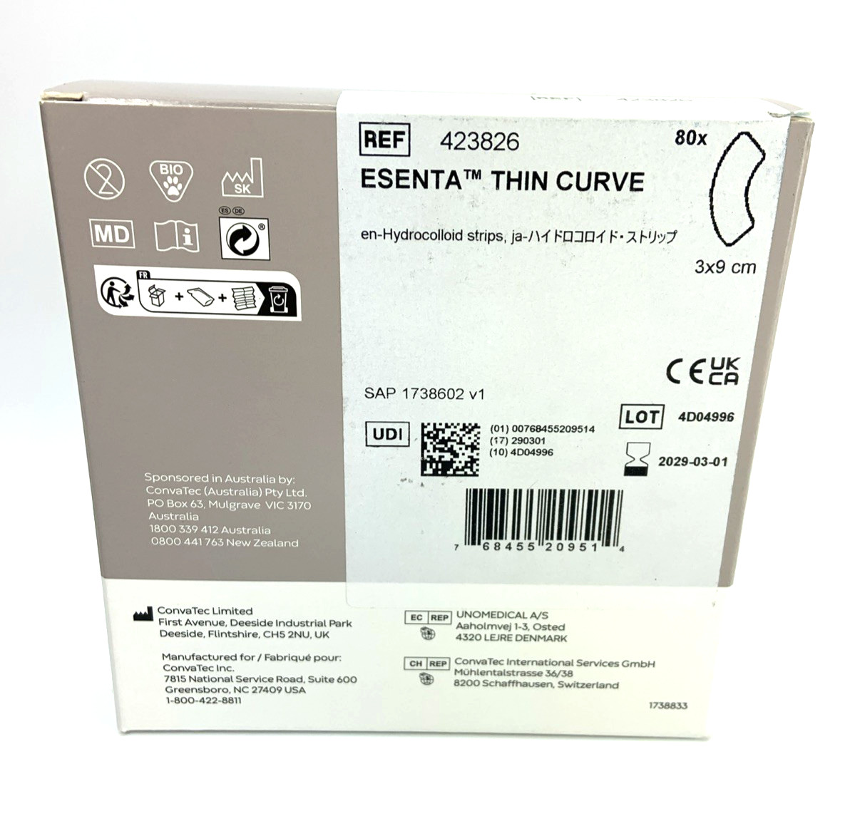 80 Ct Convatec 423826 Esenta Hydrocolloid Strips Thin Curve Exp 2029