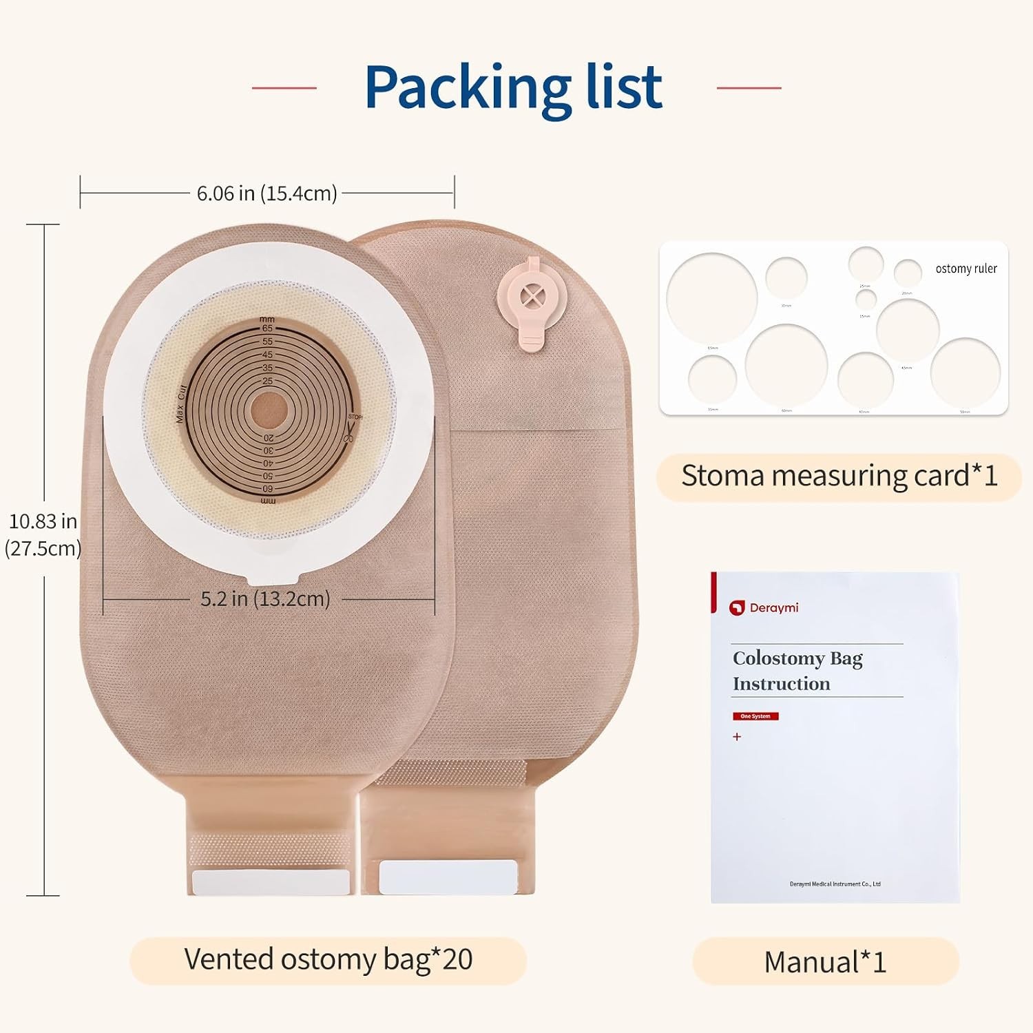 20PCS Colostomy Ostomy Bags with Air Exhaust Vent 65mm Max One-Piece Drainable