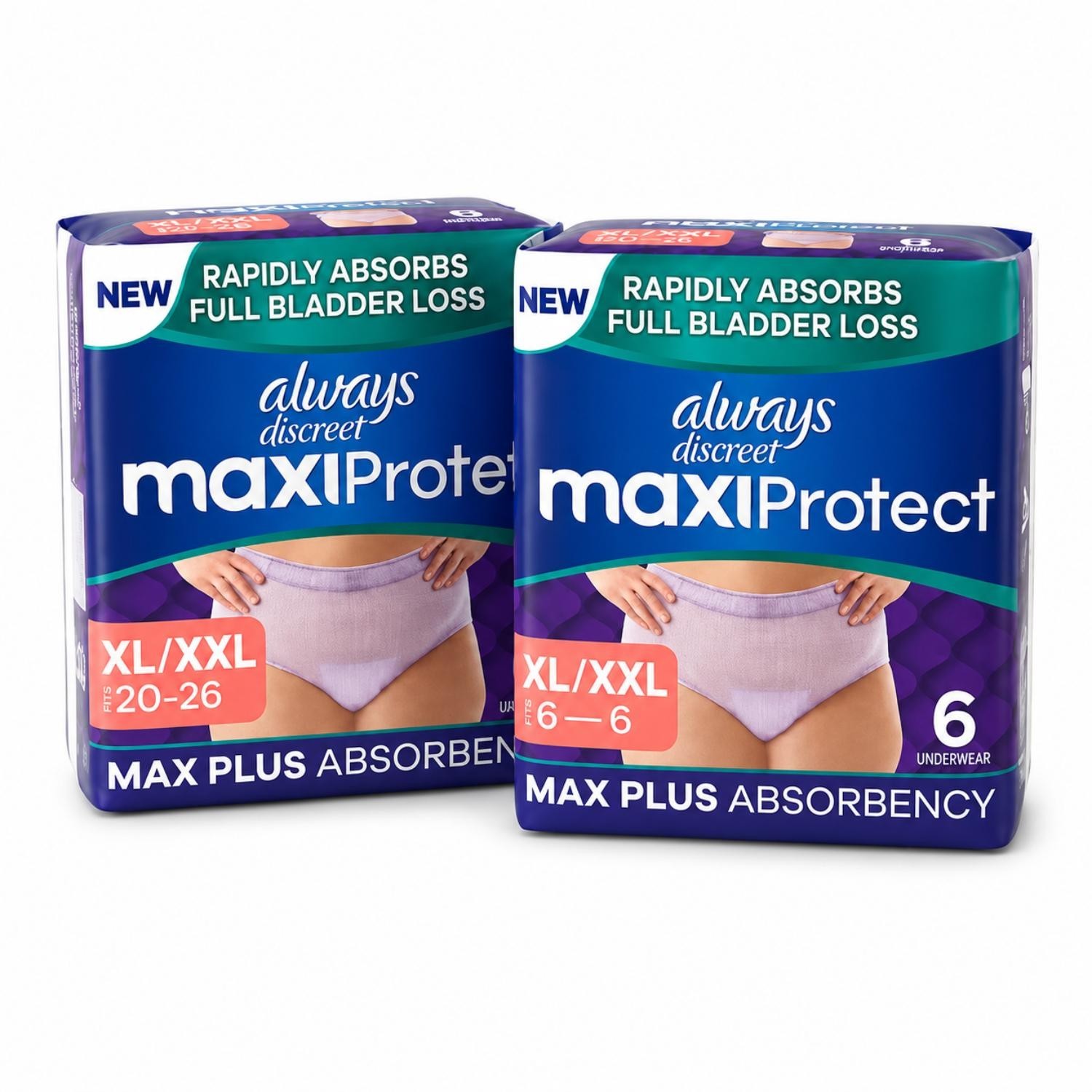 (pack of 2) Always Discreet MaxiProtect XL/XXL 6 Ct Max + Incontinence Underwear