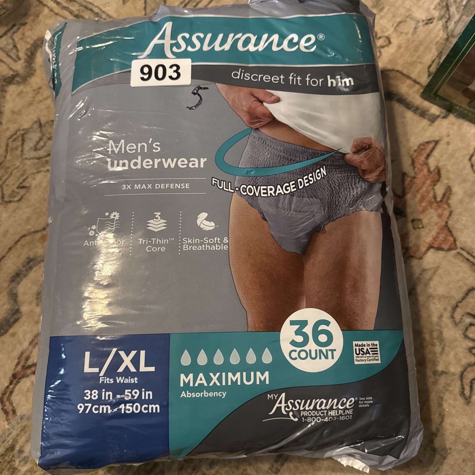 Assurance Men’s Underwear Maximum Absorbency L/XL Gray Anti-Odor 36 Count