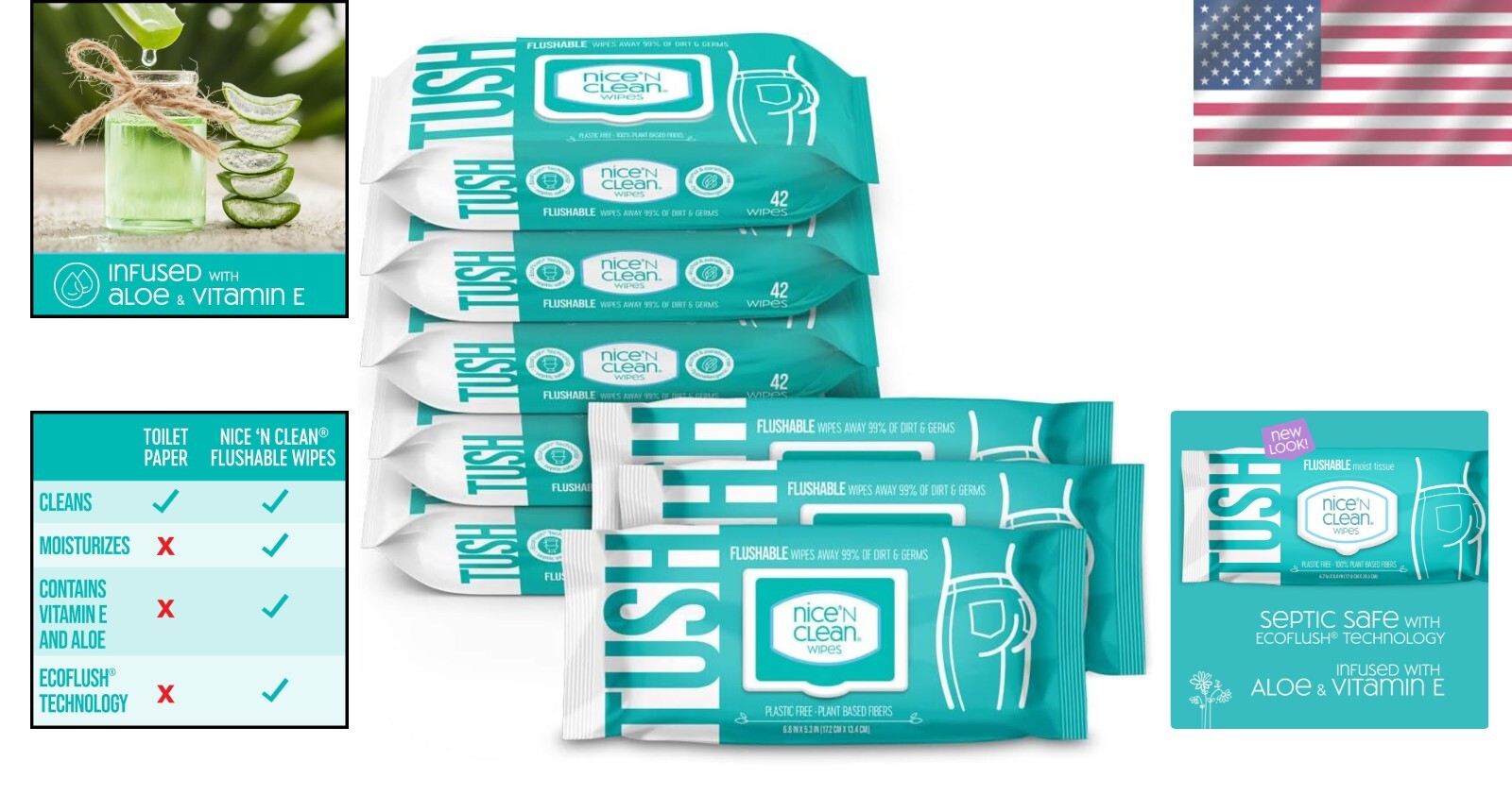 Plant-Based Flushable Wipes with Moisture Lock – 8 Packs of 42 Count Convenience