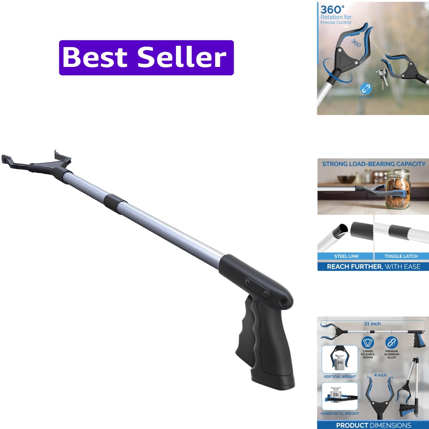 2024 Upgrade PowerGrip T9, Grabber Reacher Tool, Wide Jaw, Foldable, Steel Ca…