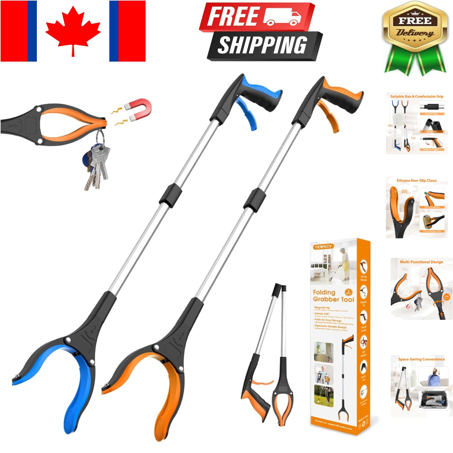 Lightweight and Versatile 32” Grabber Tool with Folding Design & Magnetic Tip