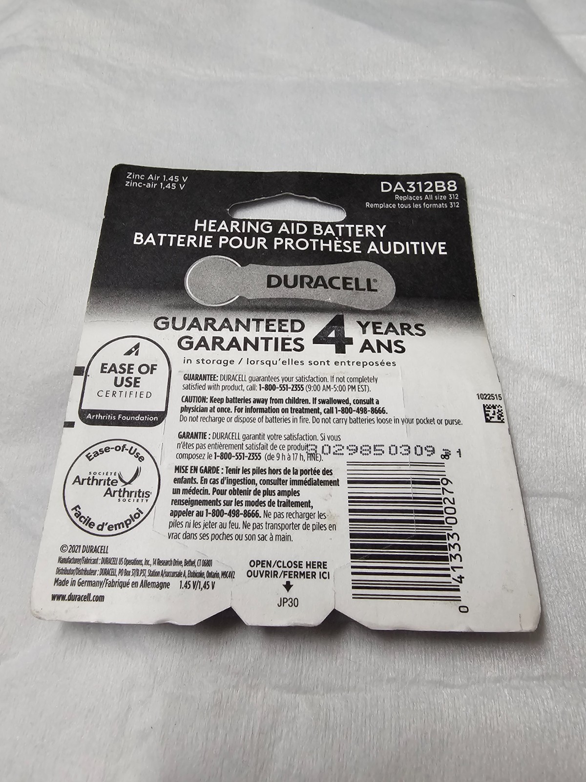 NEW!! Duracell 312 Hearing Aid Batteries (8 Pack) DA312B8