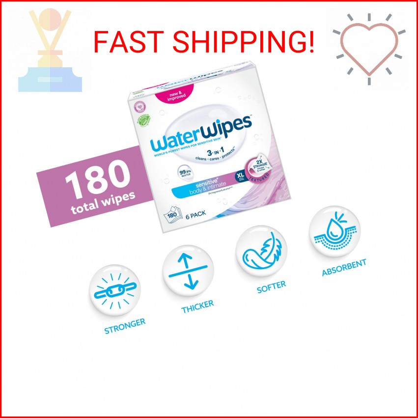 WaterWipes Sensitive Whole Body Cleansing Wipes, 99.9% Purified Water, XL Textur