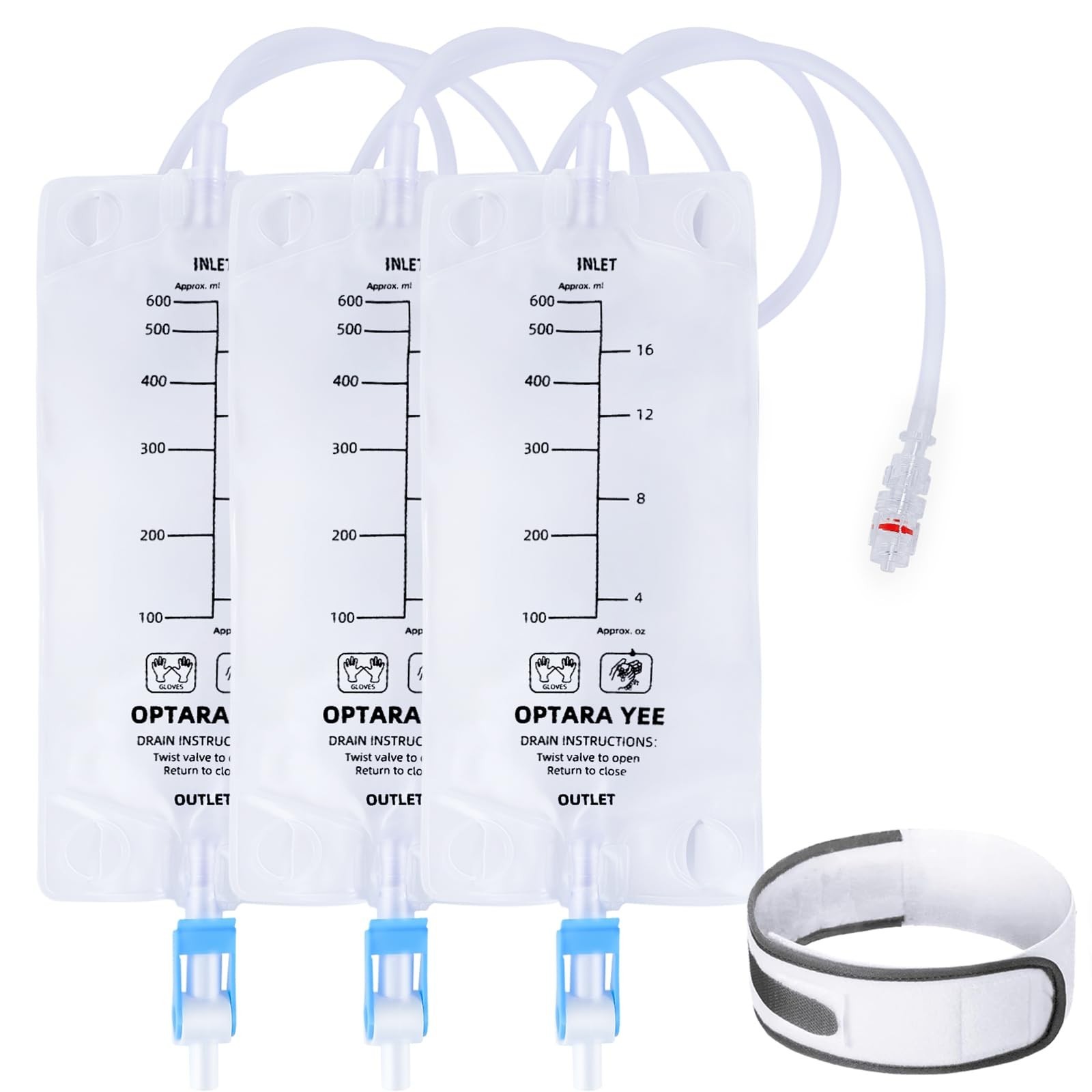 3 Pack 600ml Nephrostomy Bags with Twist Drain Valve & 24″ Tubing, Soft Straps