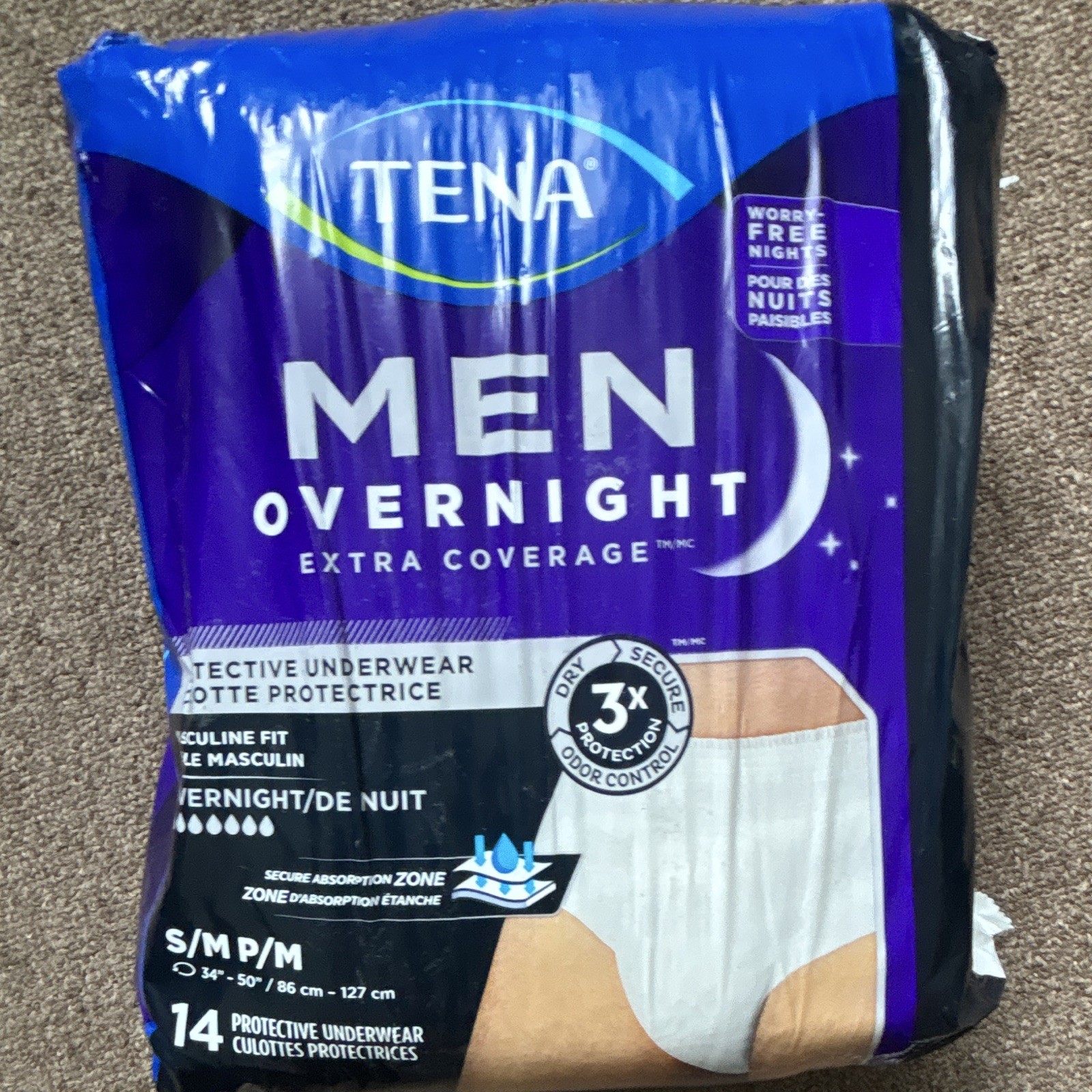 TENA Men Overnight Incontinence Pants 3X Protection S/M 14 Ct White