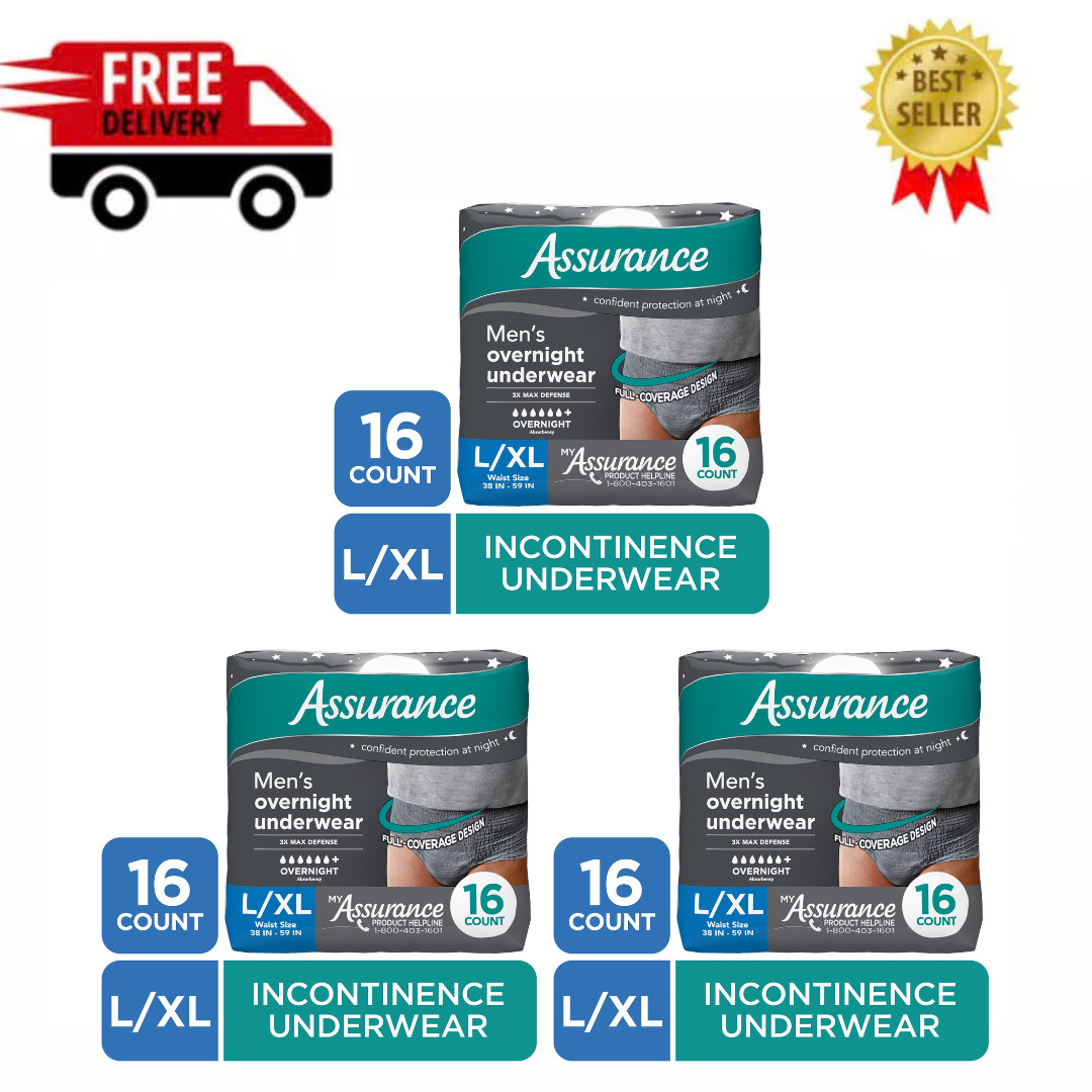 3PK Assurance Mens Overnight Incontinence Underwear, L/XL, Ultimate Absorbency