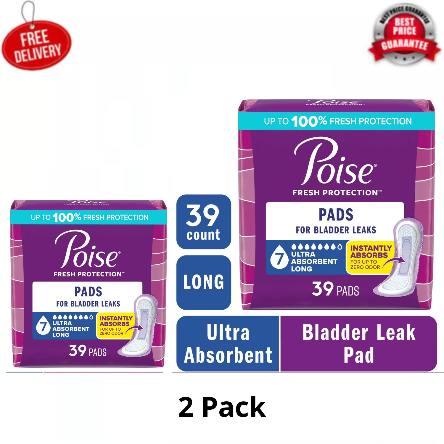 Poise Incontinence Pads for Women, 7 Drop Ultra Absorbency Long Length, 39 Ct