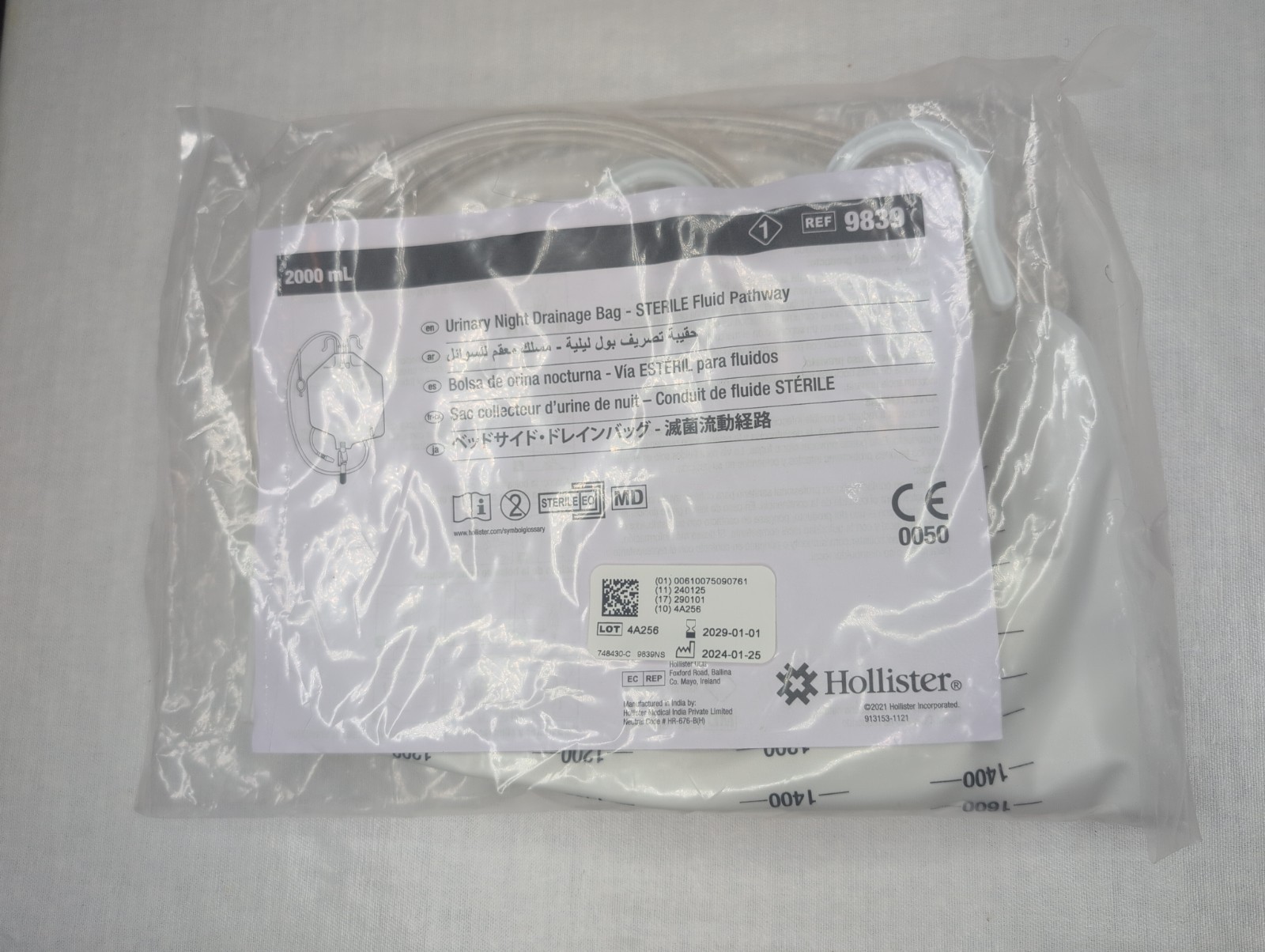 Hollister Urinary Night Drainage Bag Sterile 2000ml Clear Plastic 9839