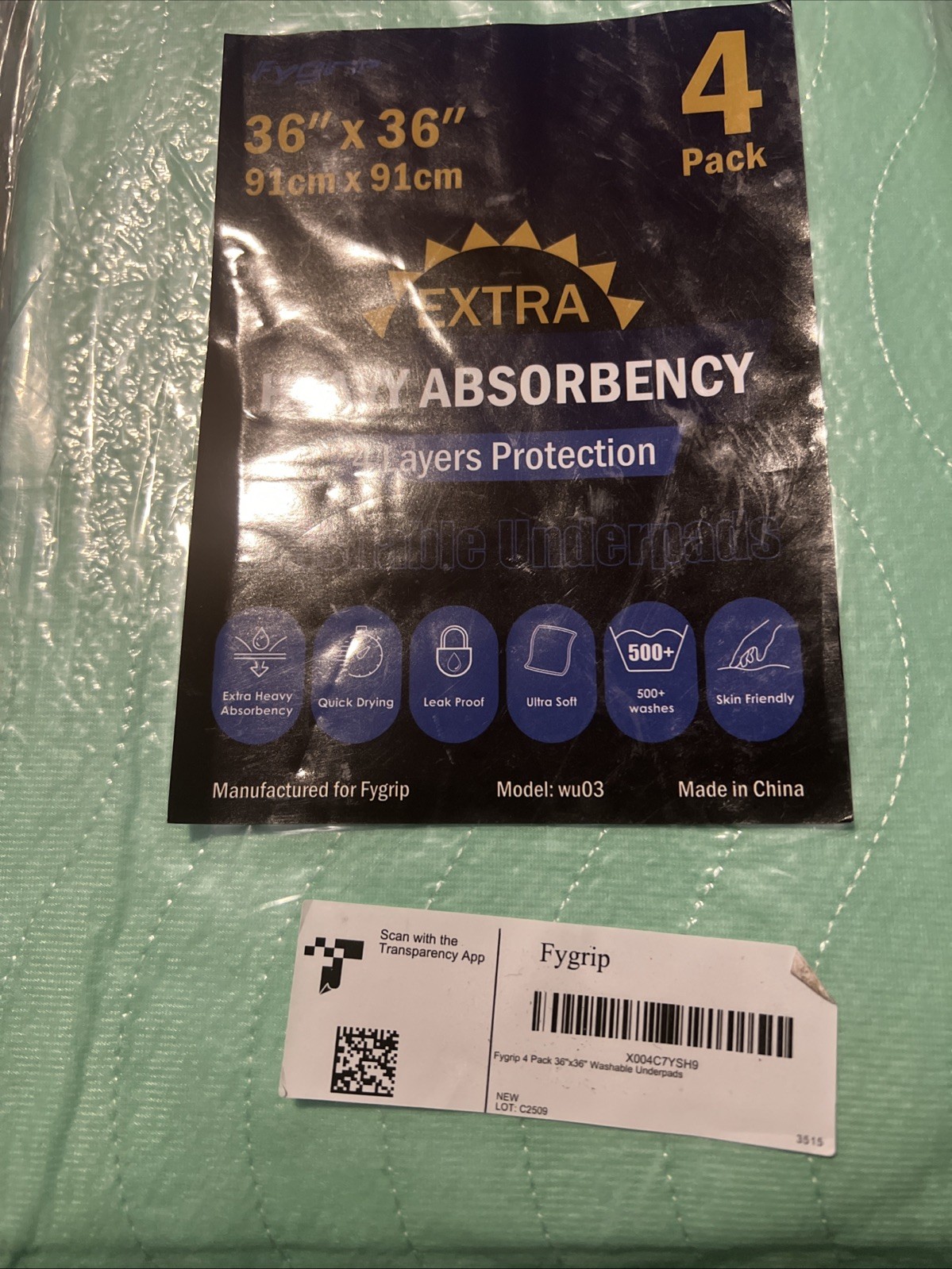 4 Pack 36” x 36” Extra Heavy Absorbency Washable Underpads, Waterproof Quick Dry
