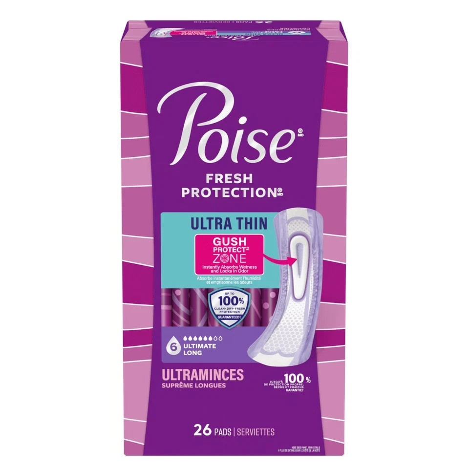 Poise Ultra Thin Incontinence Postpartum Pads 6 Drop Ultimate Long 26 Count