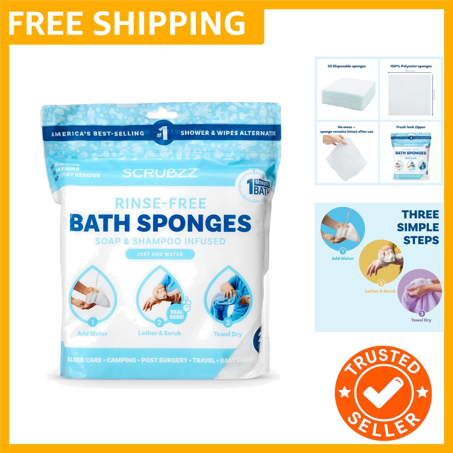 Unscented All-in-One Bath Wipes – 25 Pack for Quick, Rinse-Free Personal Care
