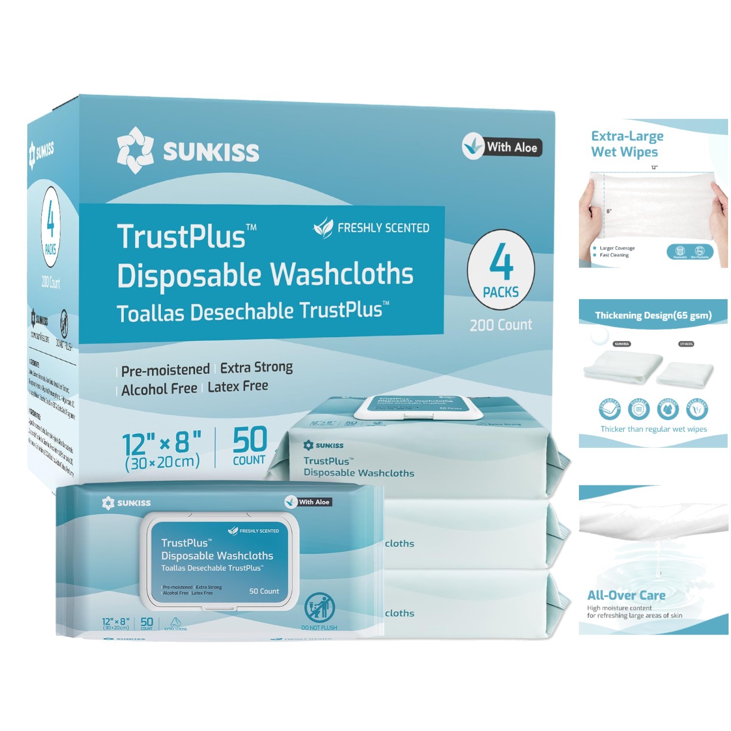 Trustplus 8×12 Extra Large Adult Wet Wipes – 200 Count for Sensitive Skin