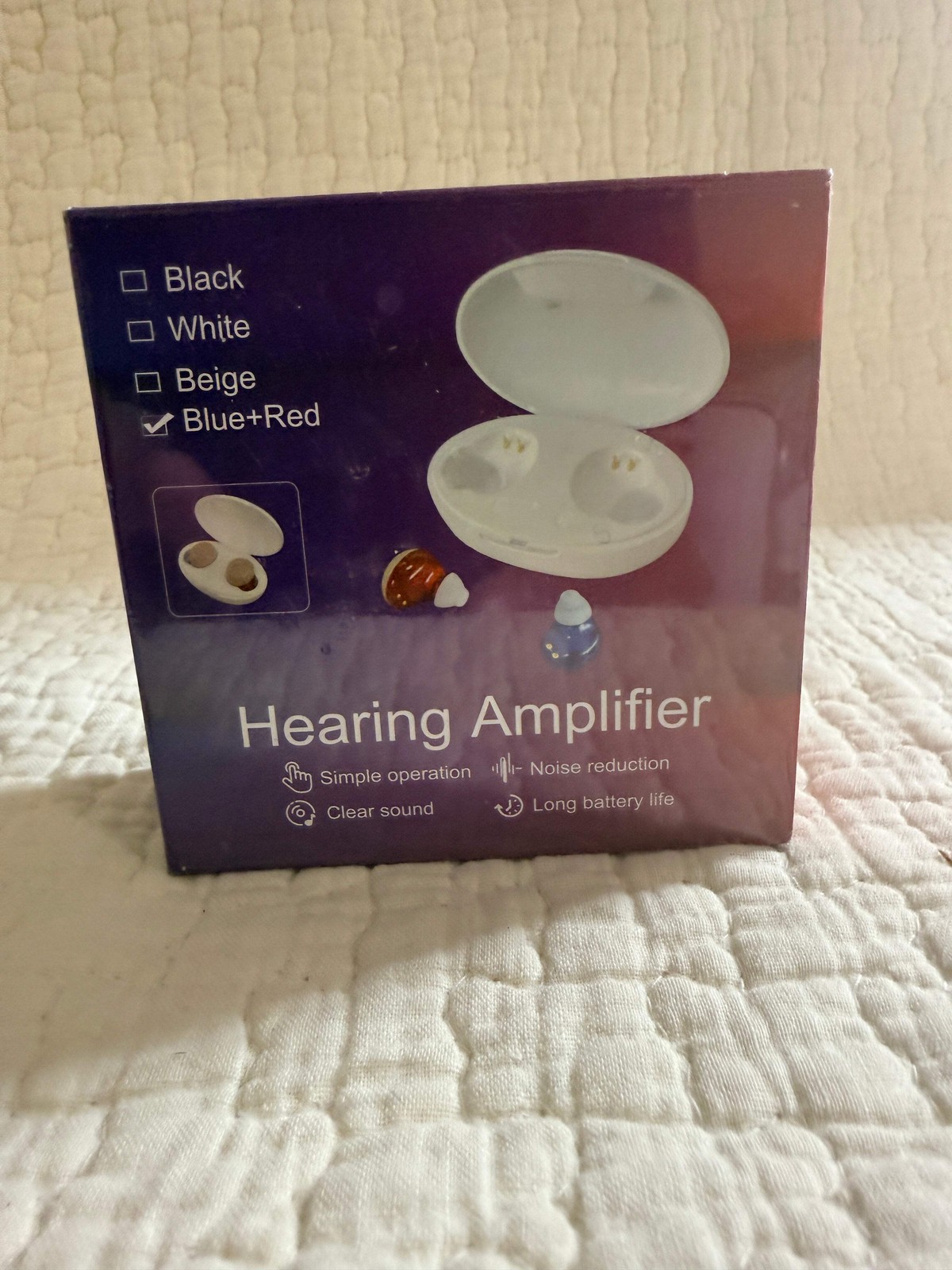 Hearing Amplifier Blue + Red ITE OTC Mini Pair Noise Reduction Charging Case