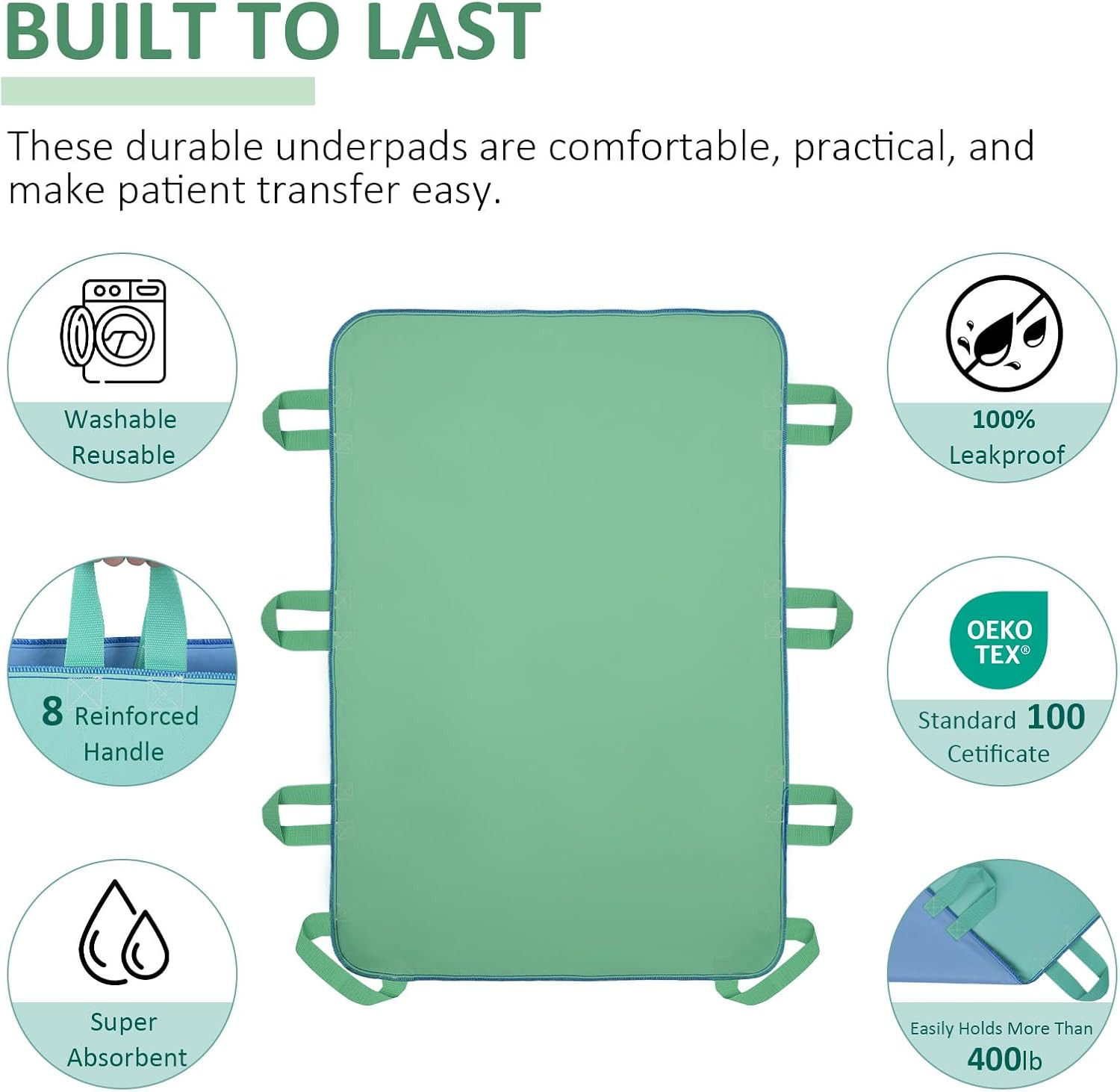 Positioning Bed Pad with 8 Reinforced Handles-34 x 52″-Reusable and Washable Tra
