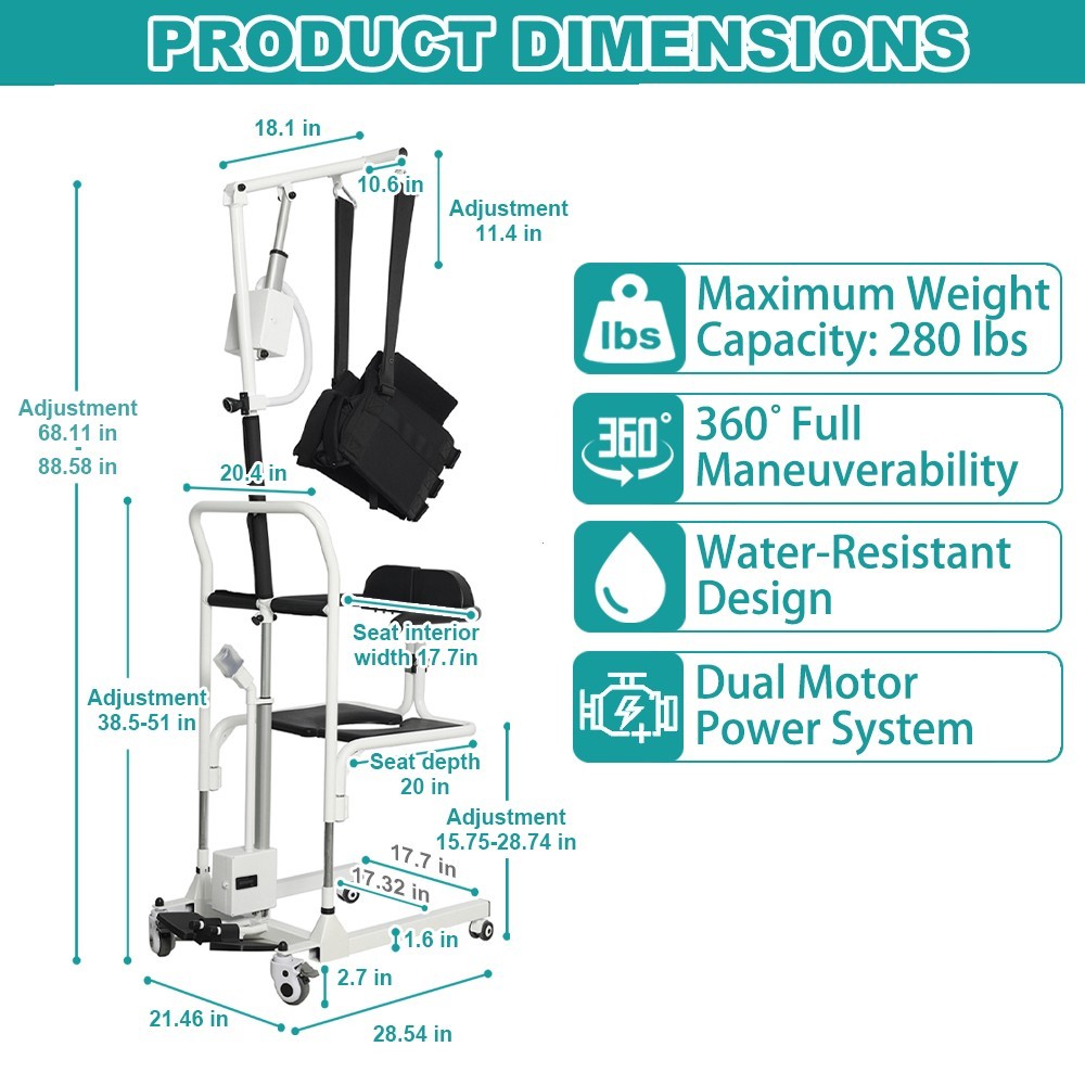 Irtme Electric Patient Lift Transfer Chair with Sling, Home Care Mobility Aid