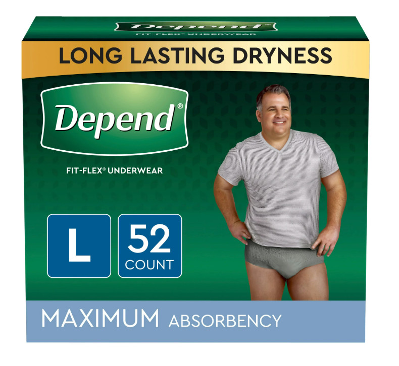 Depend Fit-Flex Men’s Maximum Incontinence Underwear, L, Grey, 52 Count