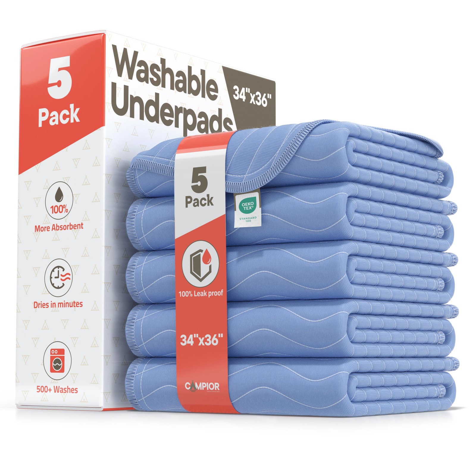 5 Pack 34×36 Inch Blue Washable Incontinence Bed Pads Reusable Waterproof Mat