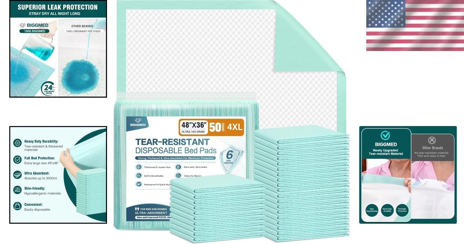 Heavy Duty 48″x36″ Incontinence Bed Pads 50 Count – Tear-Resistant, Cotton Blend