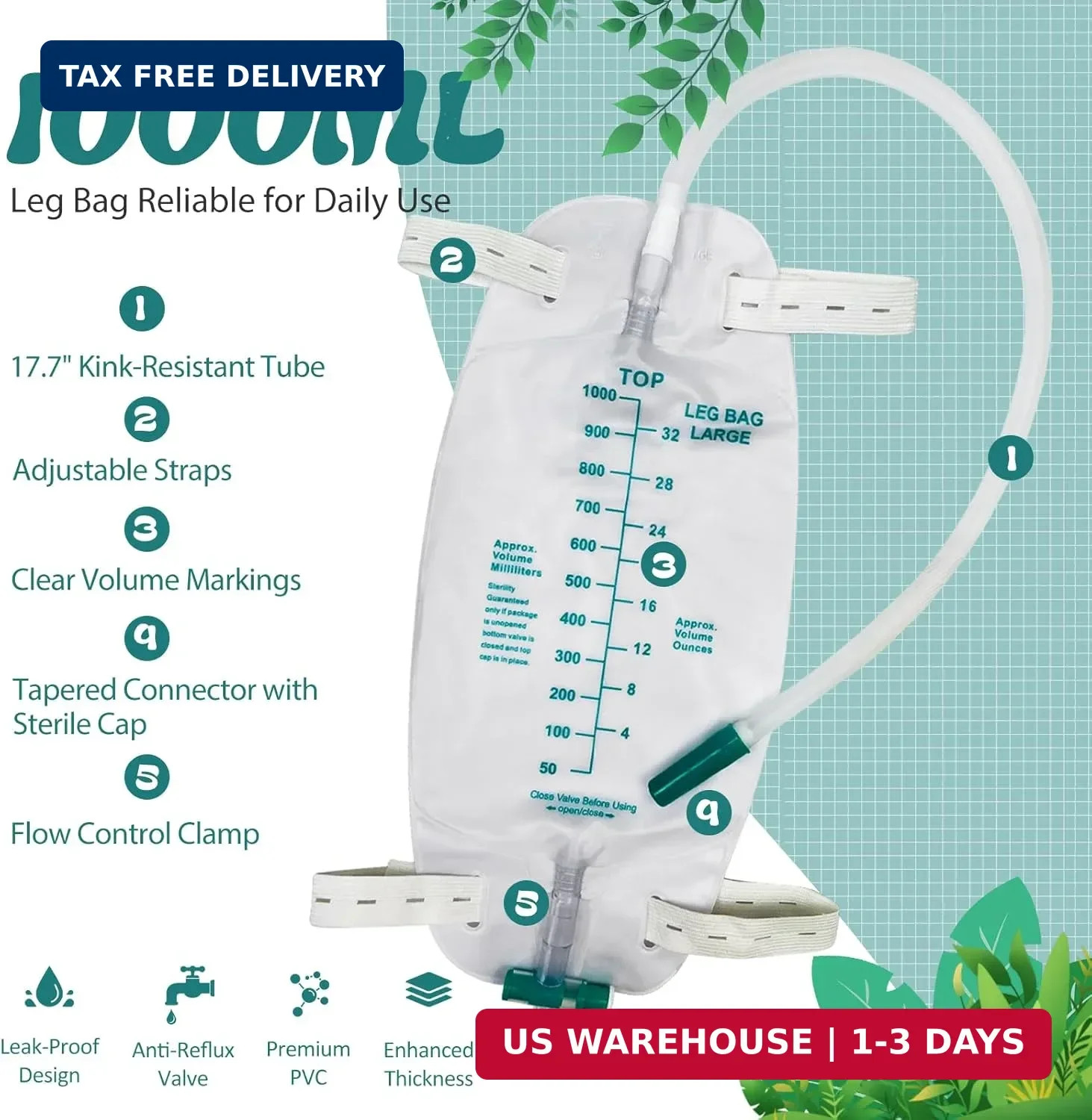 5-Pack 1000ml Leg Bag Urinary Drainage Bags with Adjustable Straps, Leak-Resista