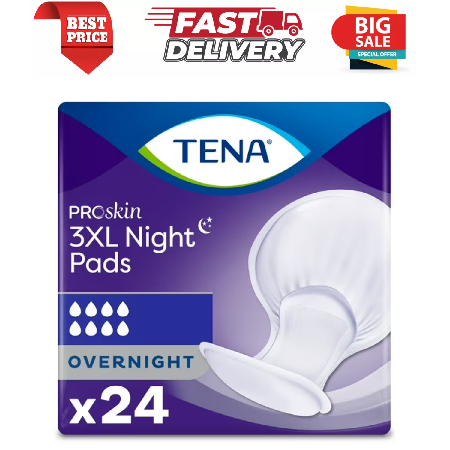 Tena ProSkin 3XL Incontinence Pads for Women & Men, Overnight Absorbency, 24 Ct