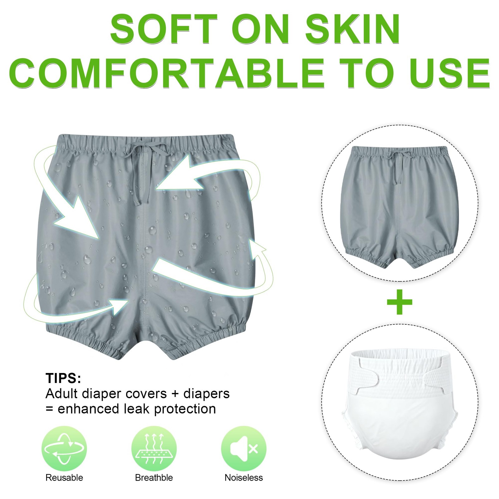 Adult Plastic Pants Waterproof Diaper Cover Reusable Leak Proof XL Gray