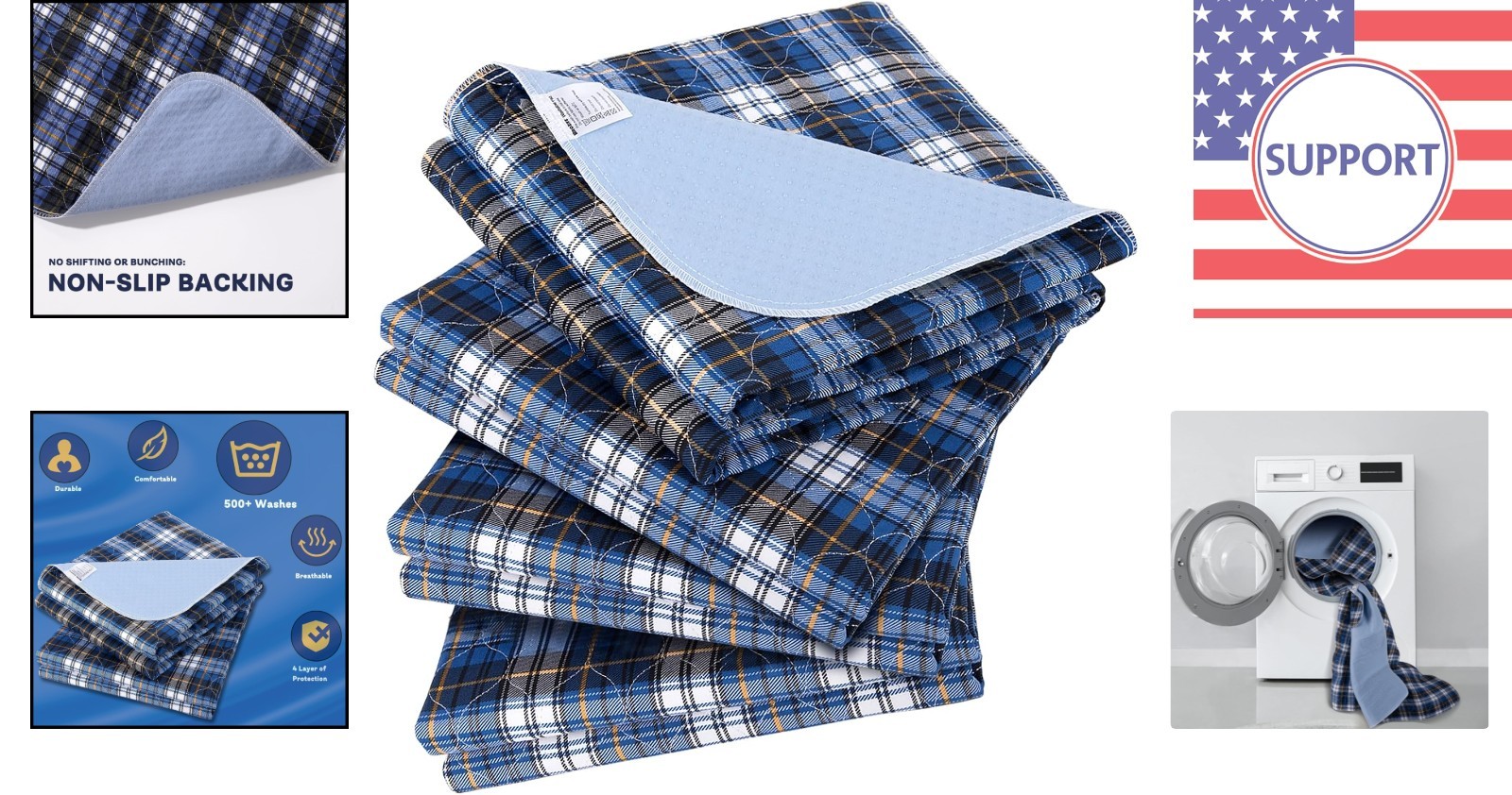34″ x 36″ Blue Washable Bed Pads – Non-Slip Waterproof Protection 4 Pack