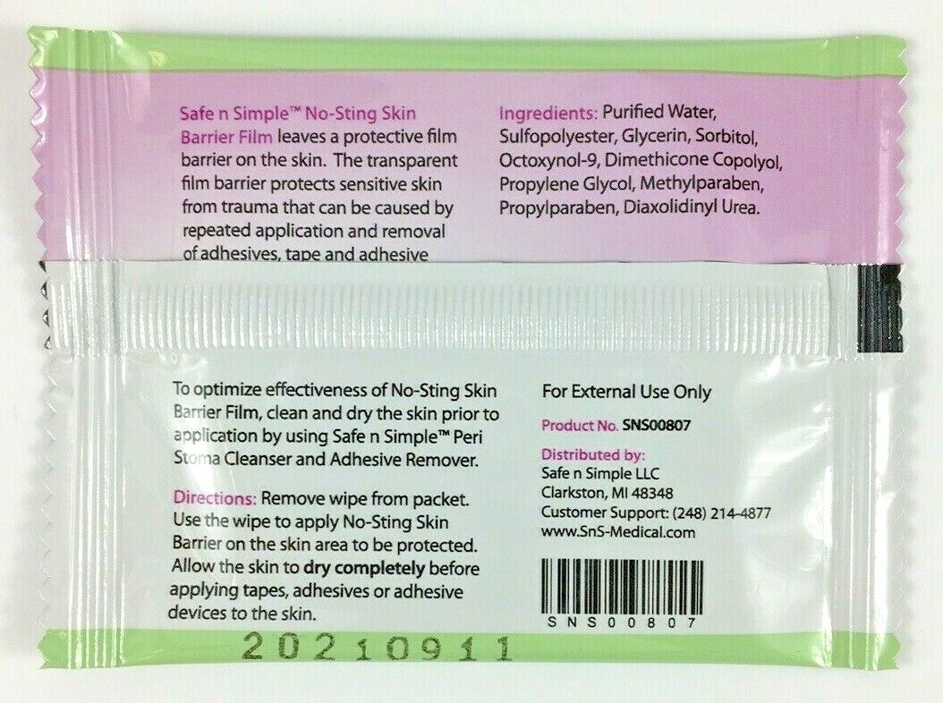 100 Safe n’ Simple SNS00807 No-Sting Skin Barrier Wipes Expires 2/2025-26