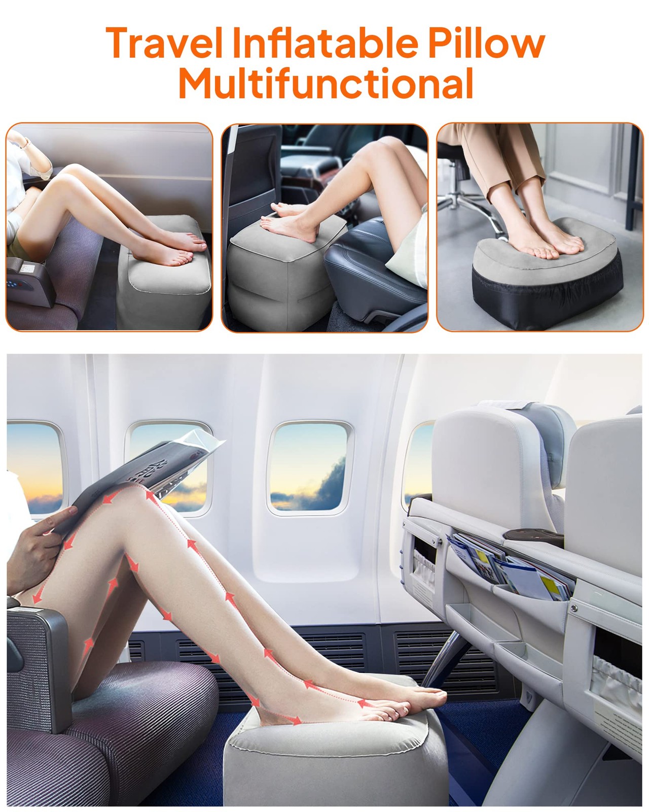 Sunany Inflatable Foot Rest Pillow for Travel, Kids/Adults 1 Pack, Grey
