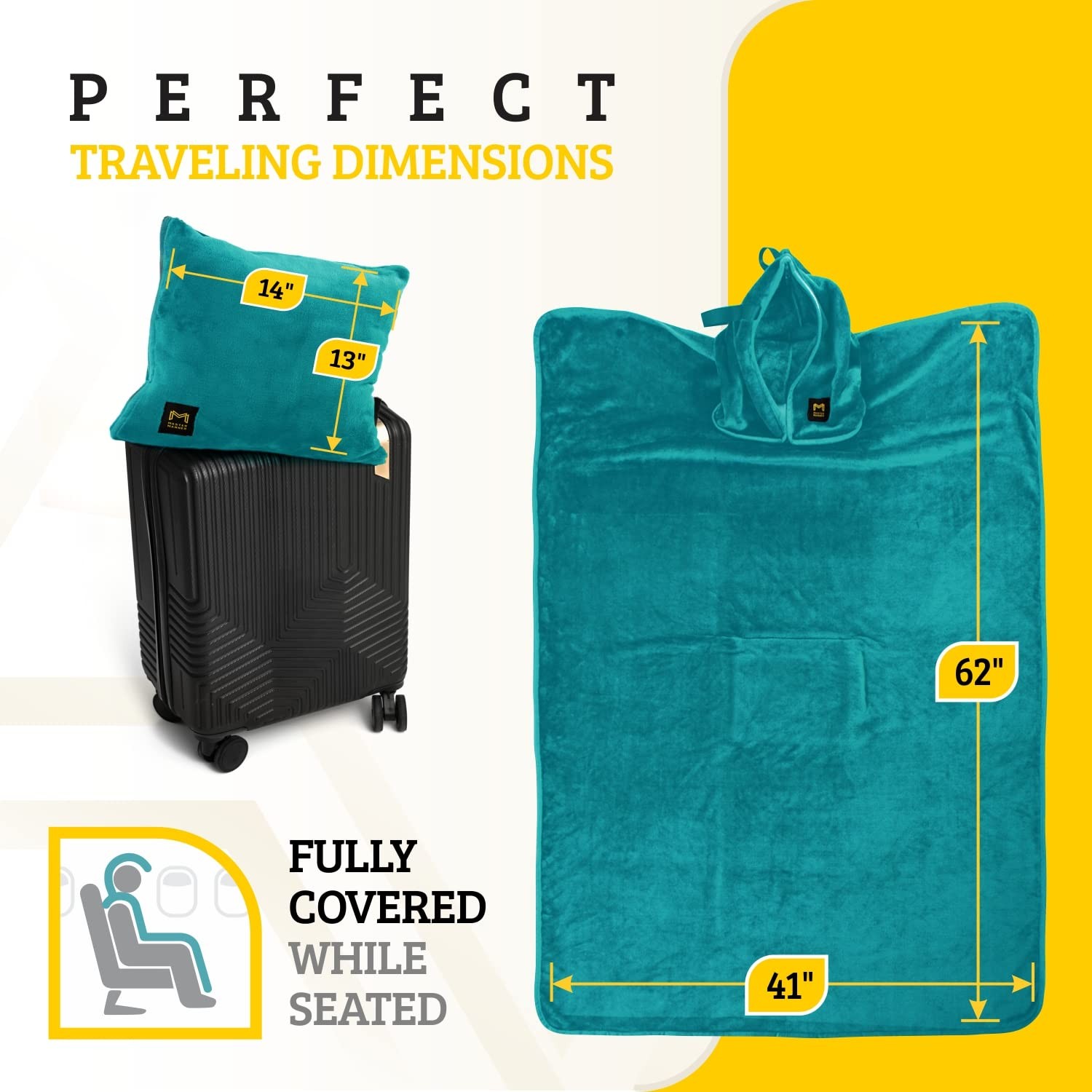 MasterManner Travel Blanket Airplane Compact with Hoodie – 2in1 62×41”, Teal