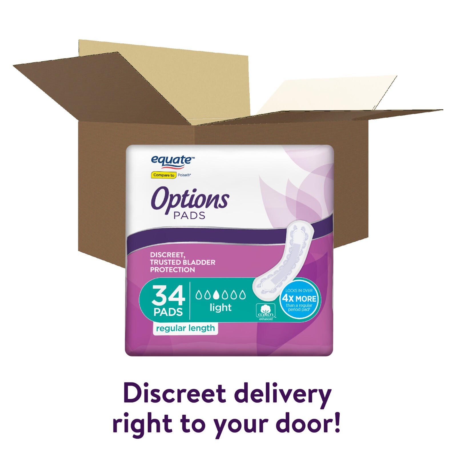 272 Count Equate Options Women Unscented Incontinence Pads Light Regular Length