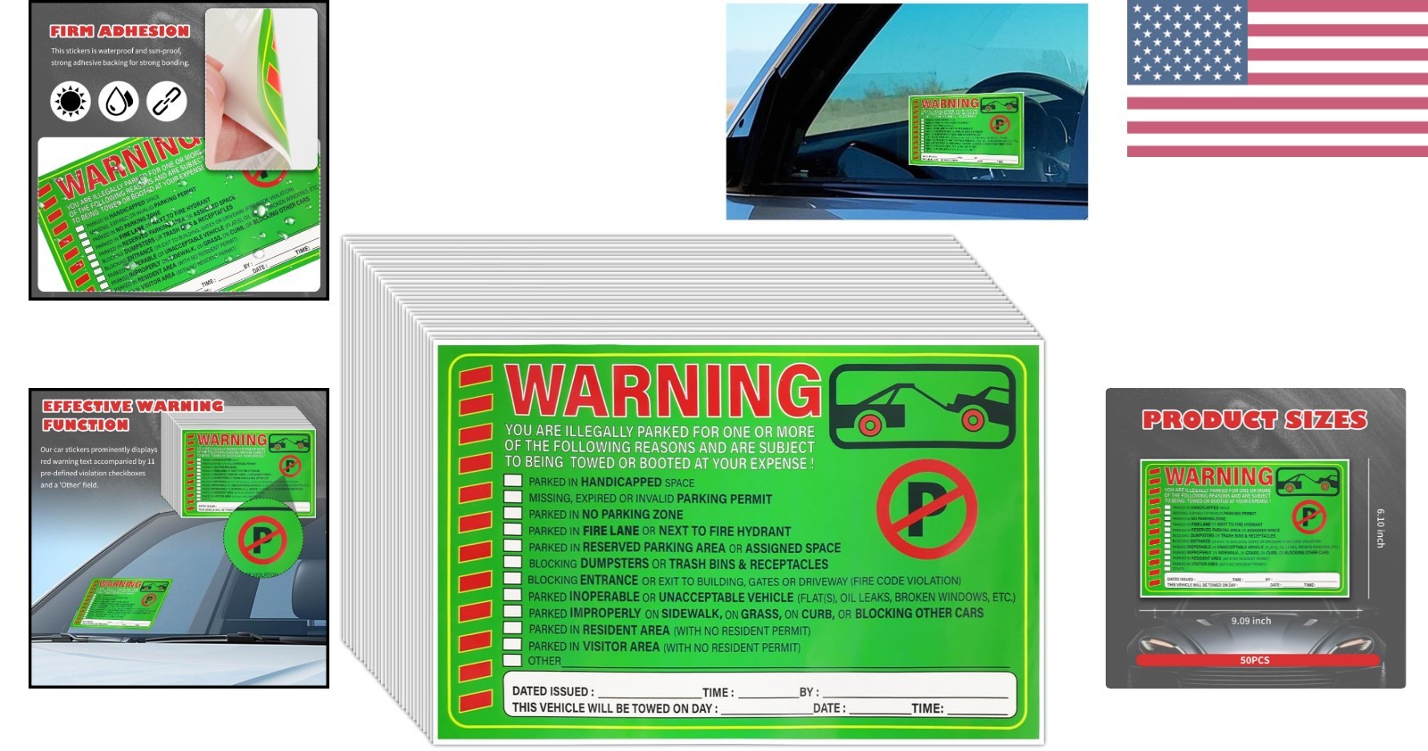50 Parking Violation Notice Tow Stickers – Adhesive Fluorescent Labels