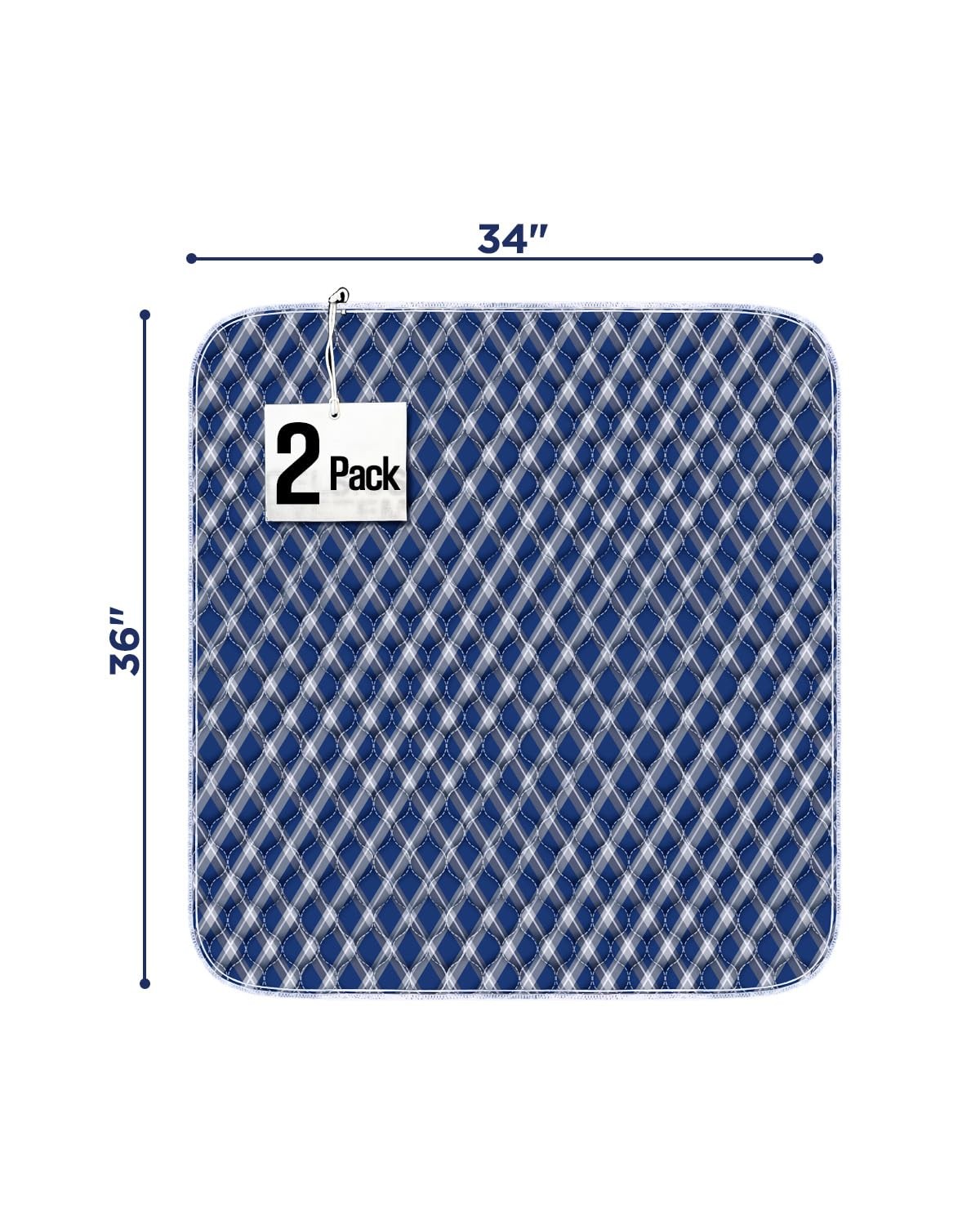 2 PCS Washable NonSlip Bed Pads 34×36 Inch Navy Blue Grid Incontinence