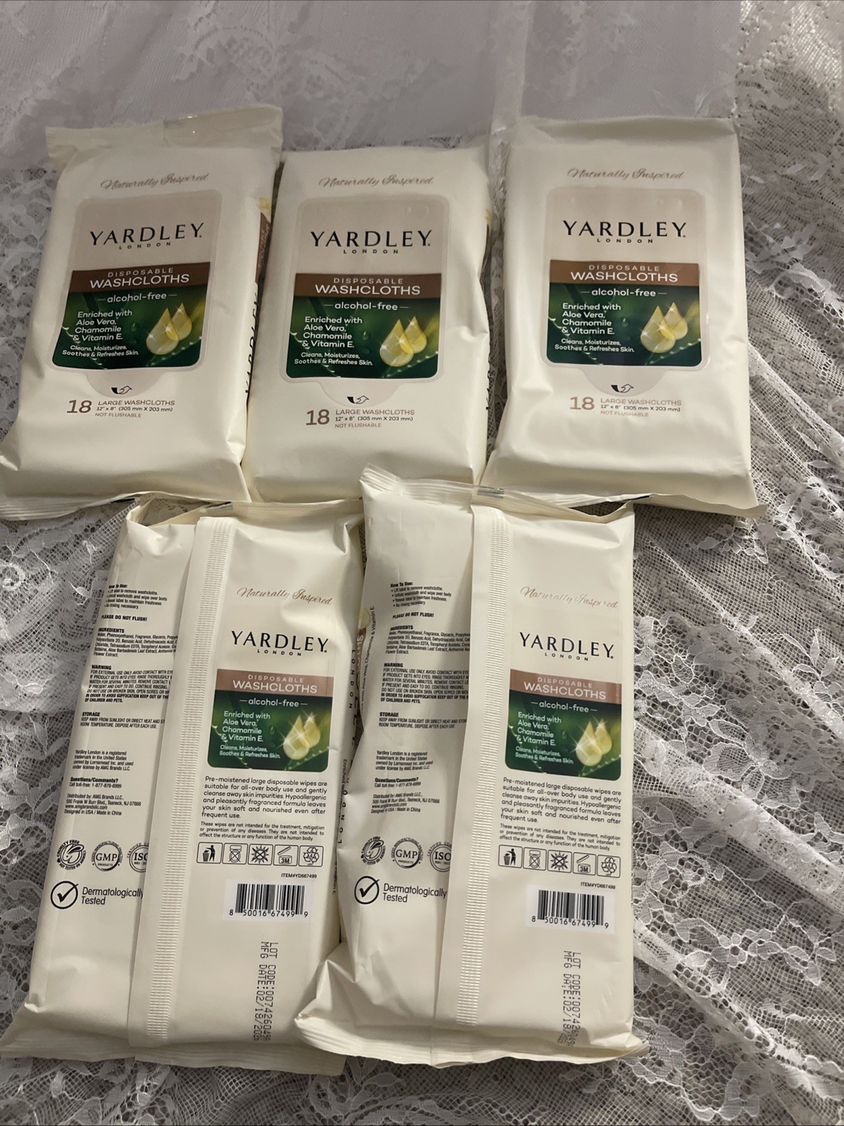 Lot of 5 Yardley London BODY WIPES 18 ct. Disposable Wash Cloths 12×8″ 108 CT