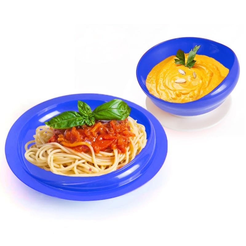 Spill Proof Scoop Bowl and Plate with Non Skid Suction Base Adaptive Blue