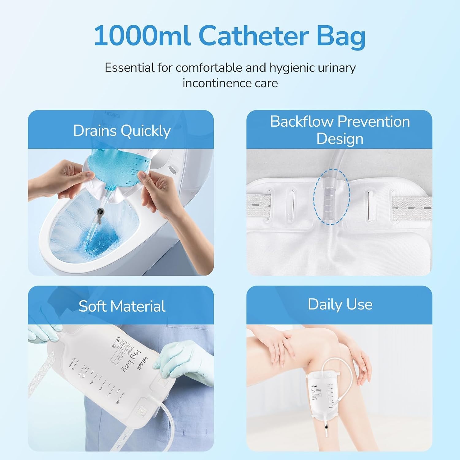 3 Pack Catheter Bags, 1000mL/33.8oz, Easy-Tap Leg Bag Urinary Drainage Bag, Anti