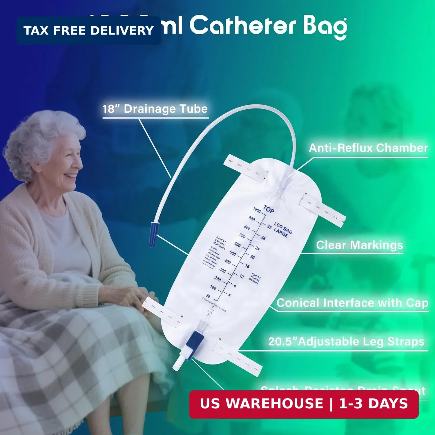 1000ml Leg Urinary Drainage Bags with 2 Adjustable Elastic Straps, 3 Pack | Cath