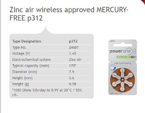 60 Powerone Hearing Aid size 312 Genuine Mercury Free Batteries- Ex-2028-Germany