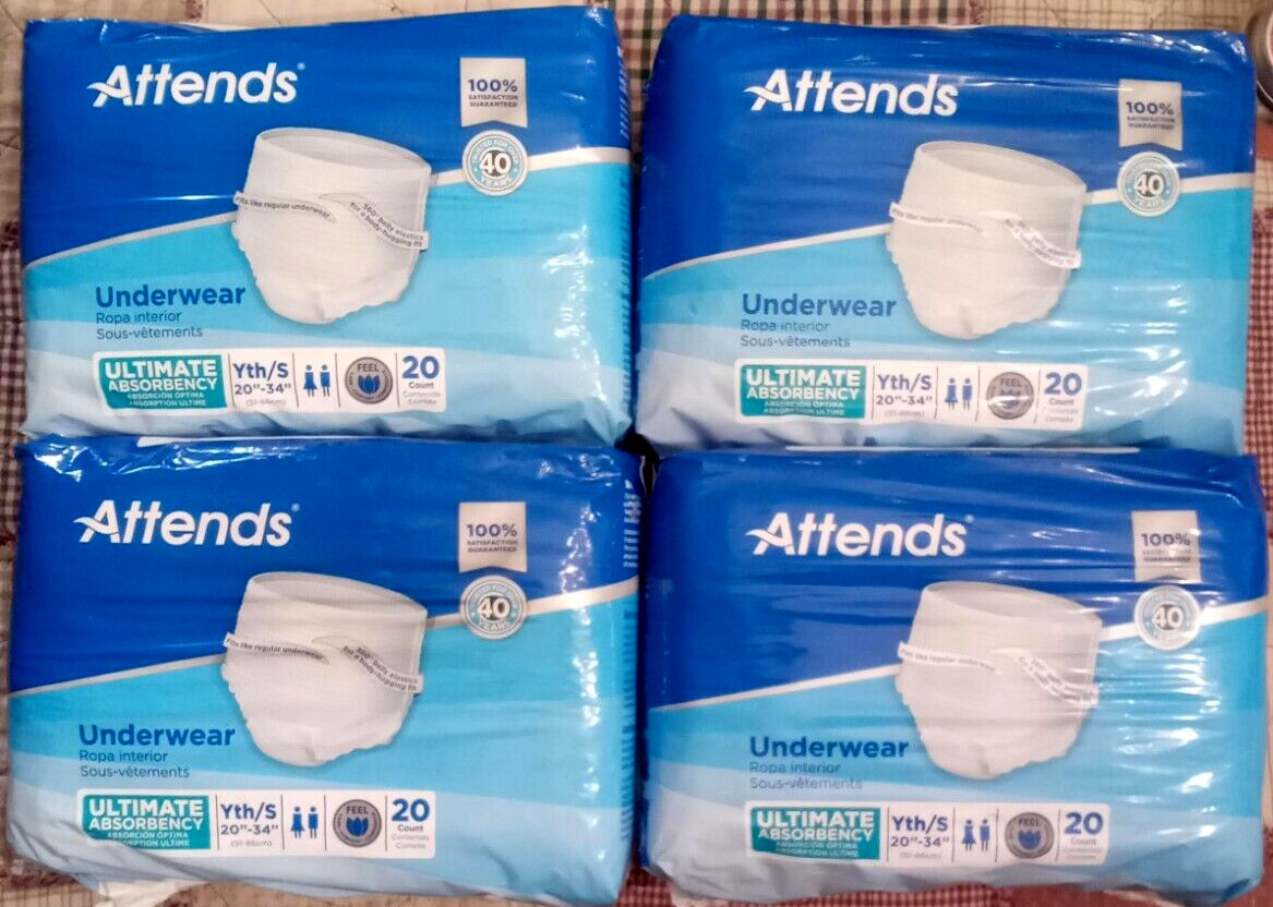 Lot of 4 Attends Youth Small Underwear 360 Elastic Ultimate Absorbency 20 count