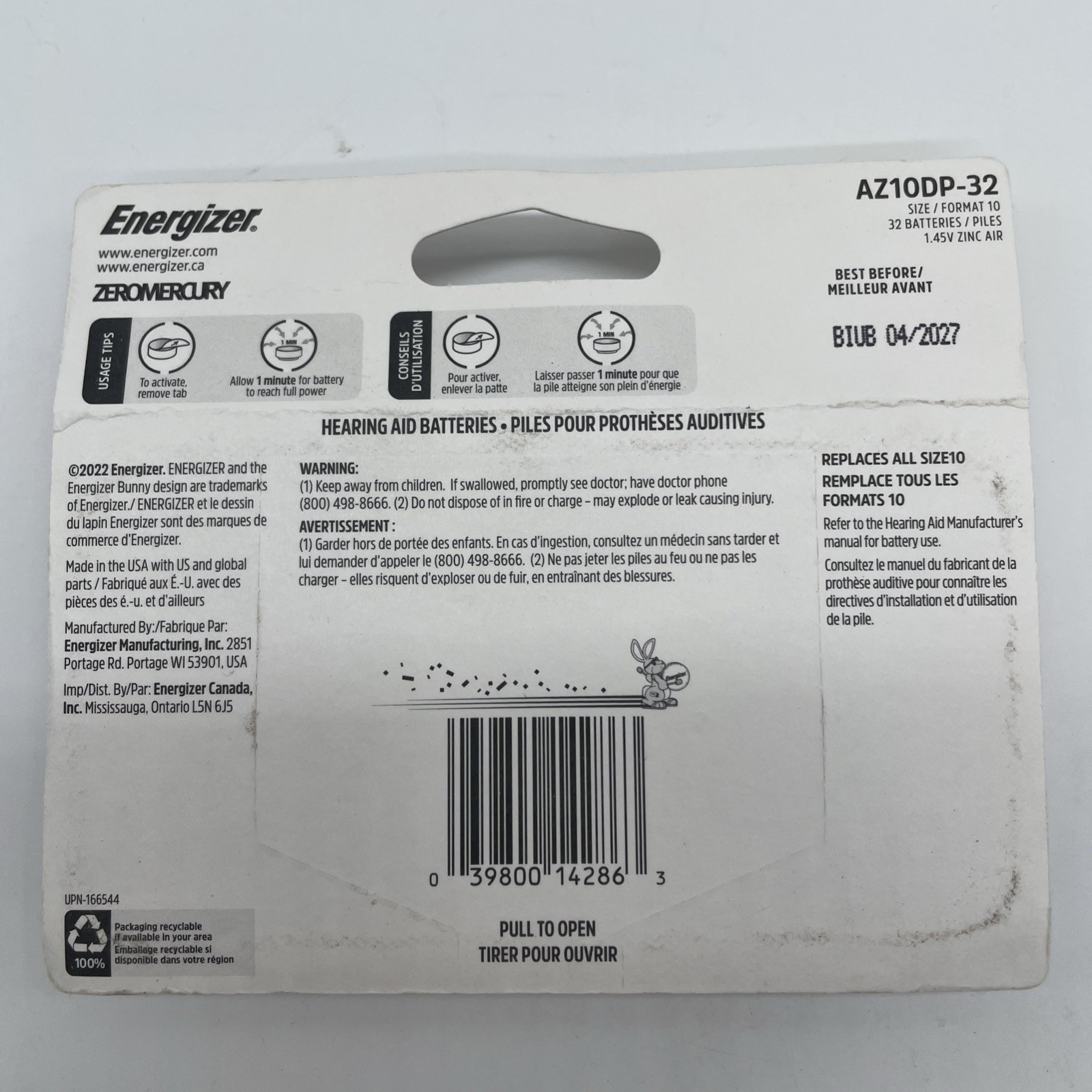 Energizer Size 10 Hearing Aid Batteries – Expires 04/27 – AZ10DP-32 – New