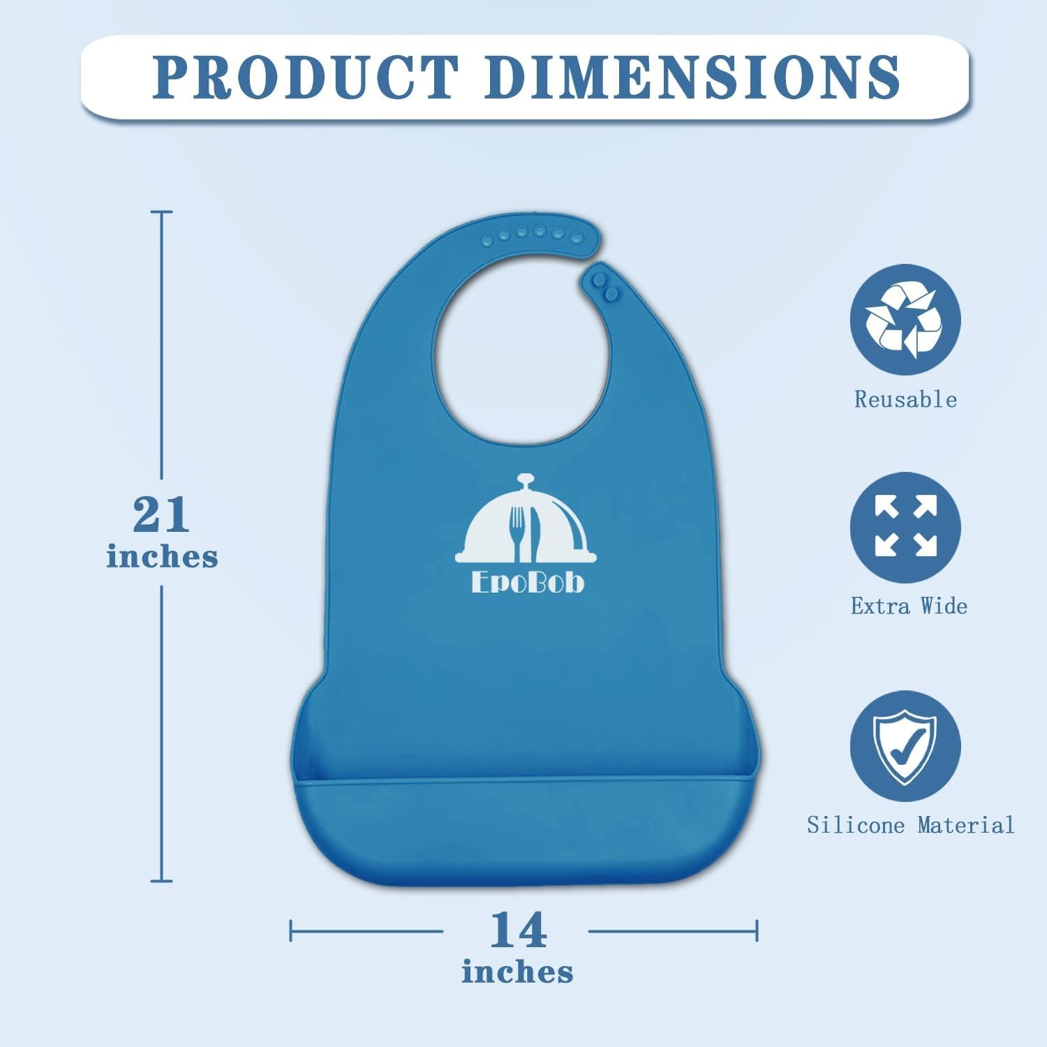 EpoBob Silicone Adult Bibs with Crumb Catcher, Washable One Size, Deepblue