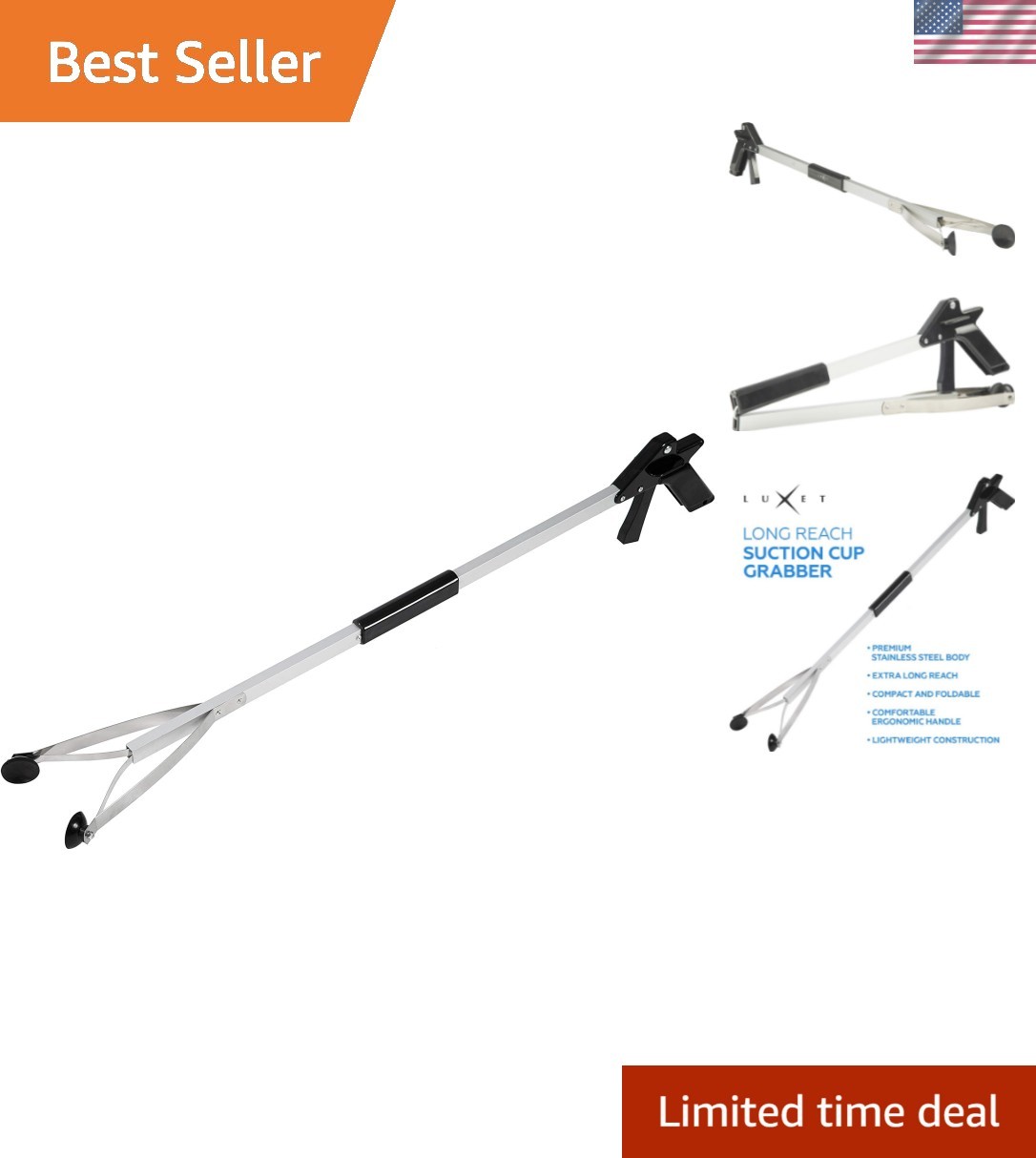 Heavy Duty 32″ Aluminum Grabber with Suction Cup – Foldable Trash Picker Tool