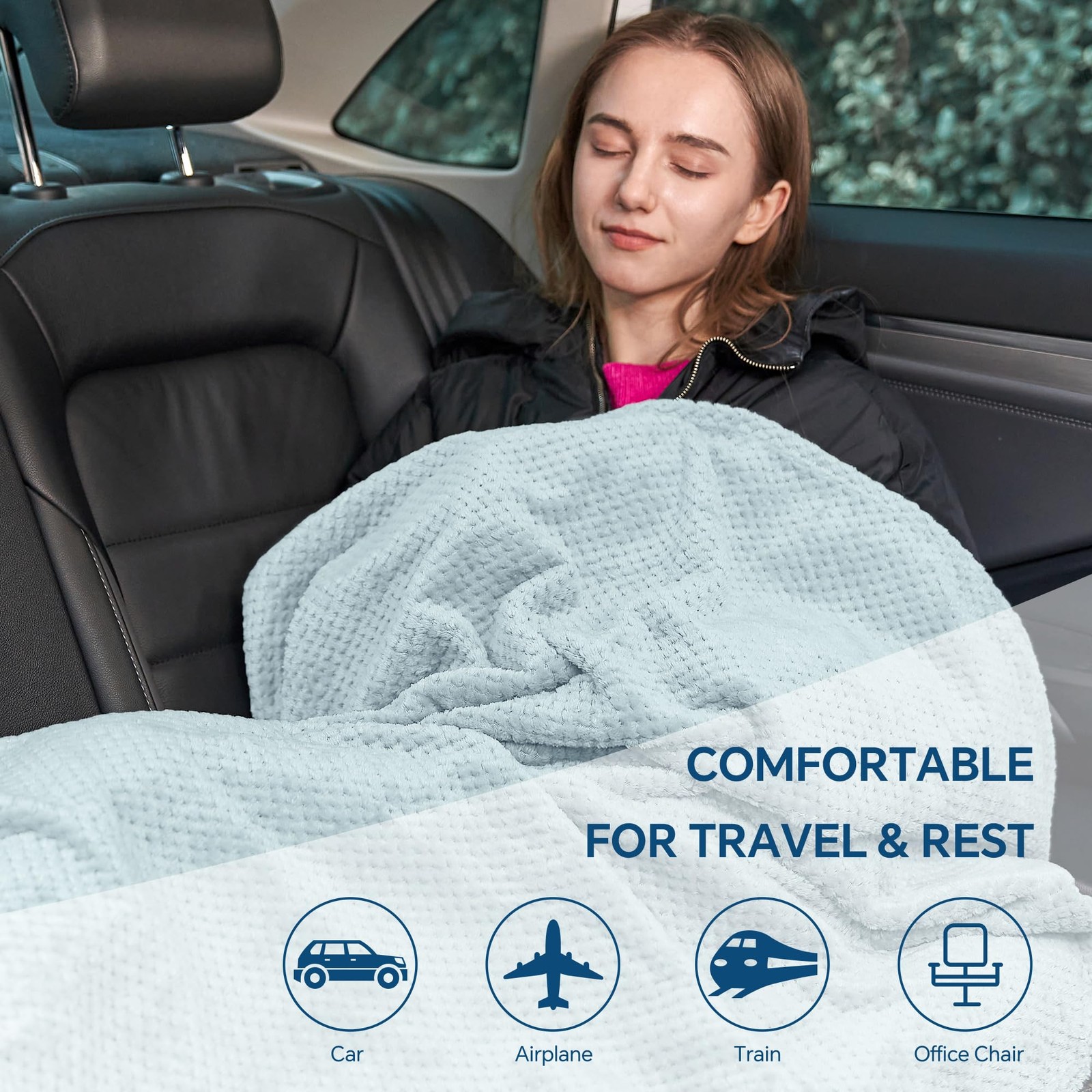 BEDELITE Travel Blanket with Bag, Ultra-Soft Jacquard Fleece 40″x65″, Blue