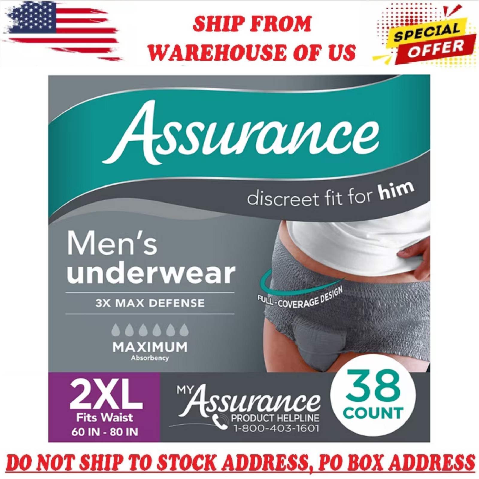 2 PACK Assurance Men’s Incontinence Underwear, XXL, Maximum Absorbency, 38 Count